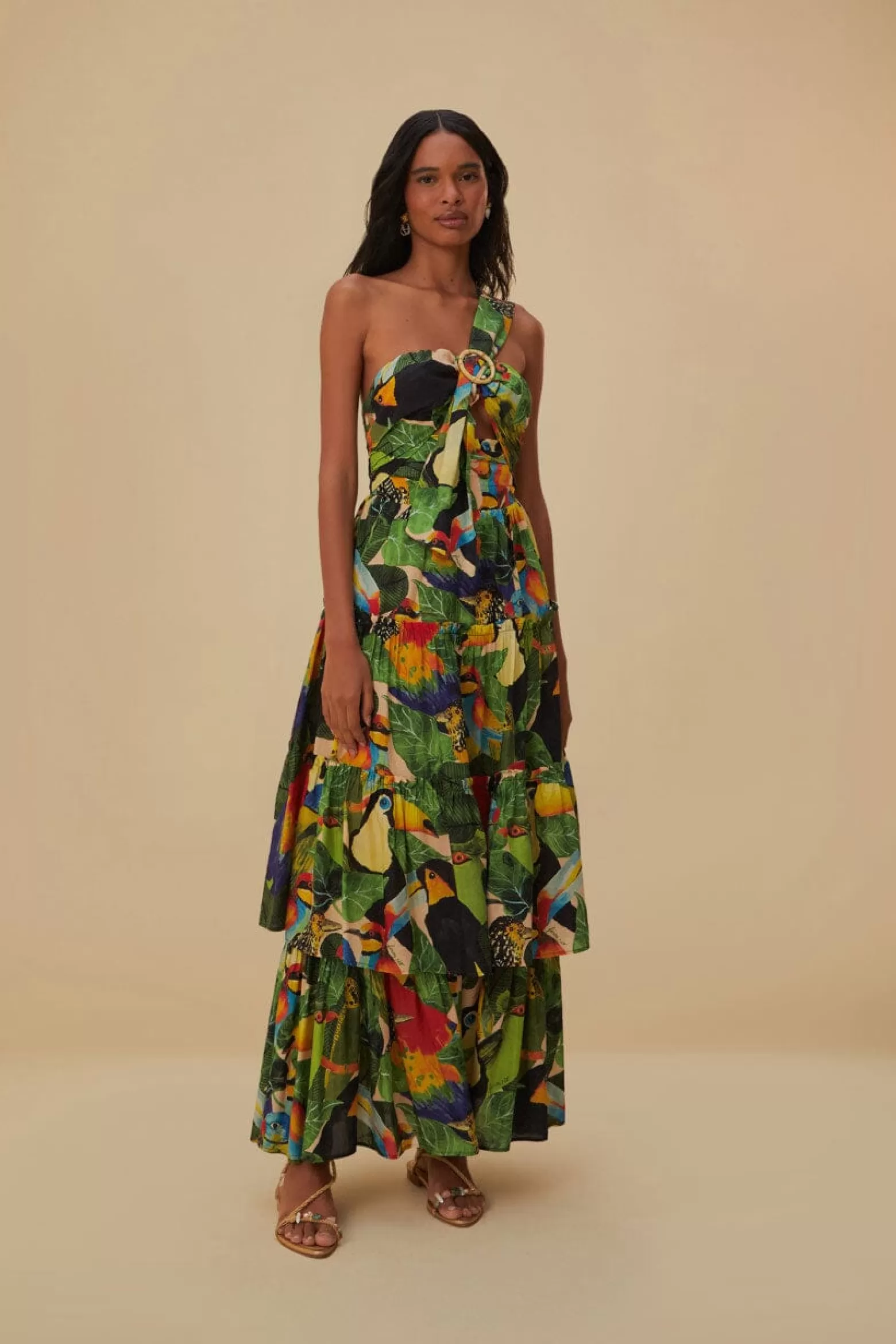 Best FARM Rio  BIRD LEAVES SAND ONE SHOULDER MAXI DRESS