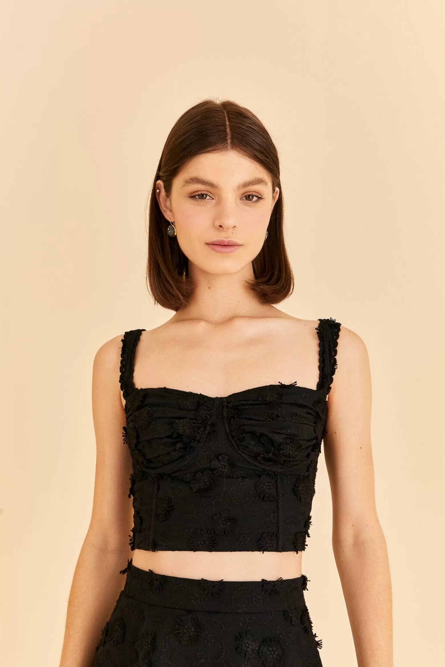 Shop FARM Rio  BLACK 3D FLOWER CORSET CROP TOP