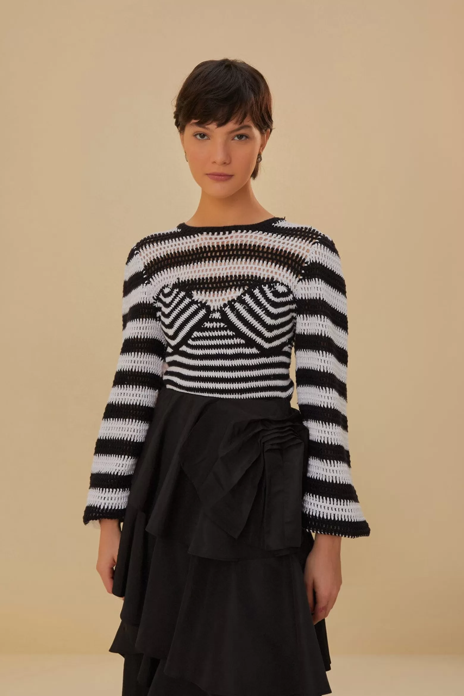 Store FARM Rio  BLACK AND WHITE STRIPES CROCHET BLOUSE