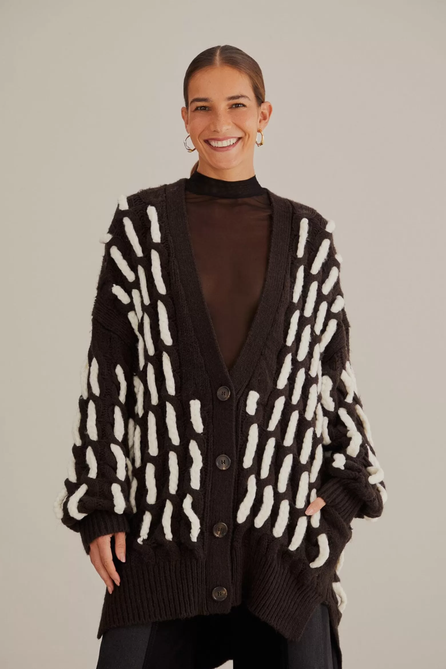 Shop FARM Rio  BLACK AND WHITE TEXTURED KNIT CARDIGAN