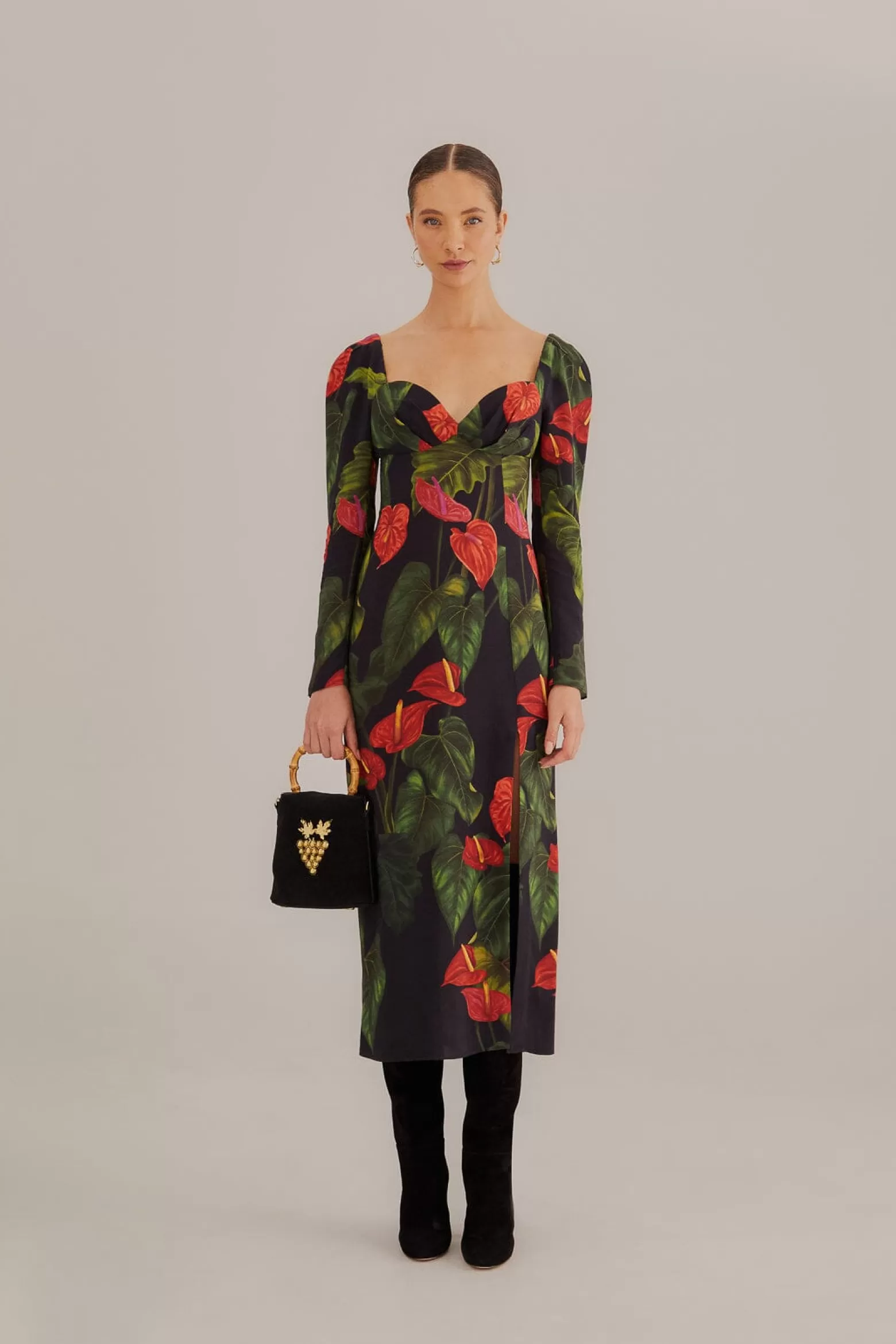 Best Sale FARM Rio  BLACK ANTHURIUM SLIT MIDI DRESS