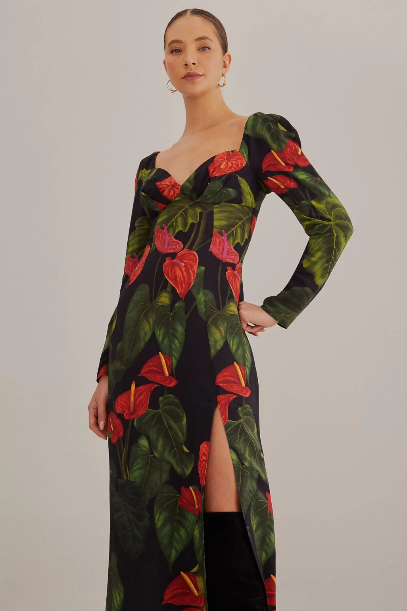 Best Sale FARM Rio  BLACK ANTHURIUM SLIT MIDI DRESS