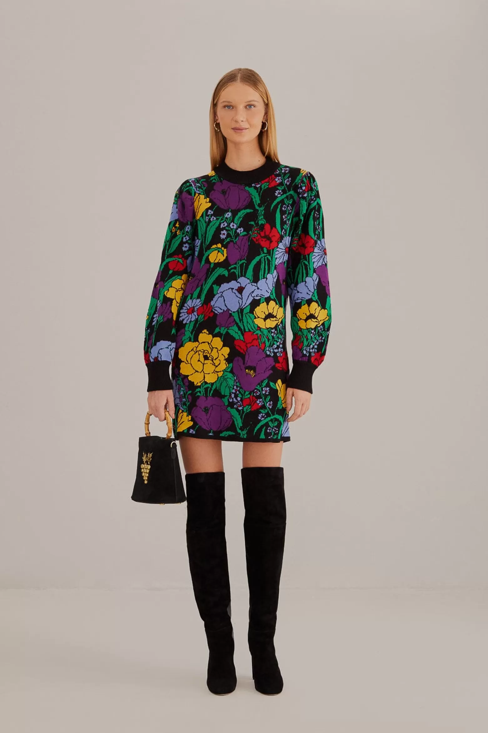 New FARM Rio  BLACK BUCOLIC GARDEN SWEATER DRESS