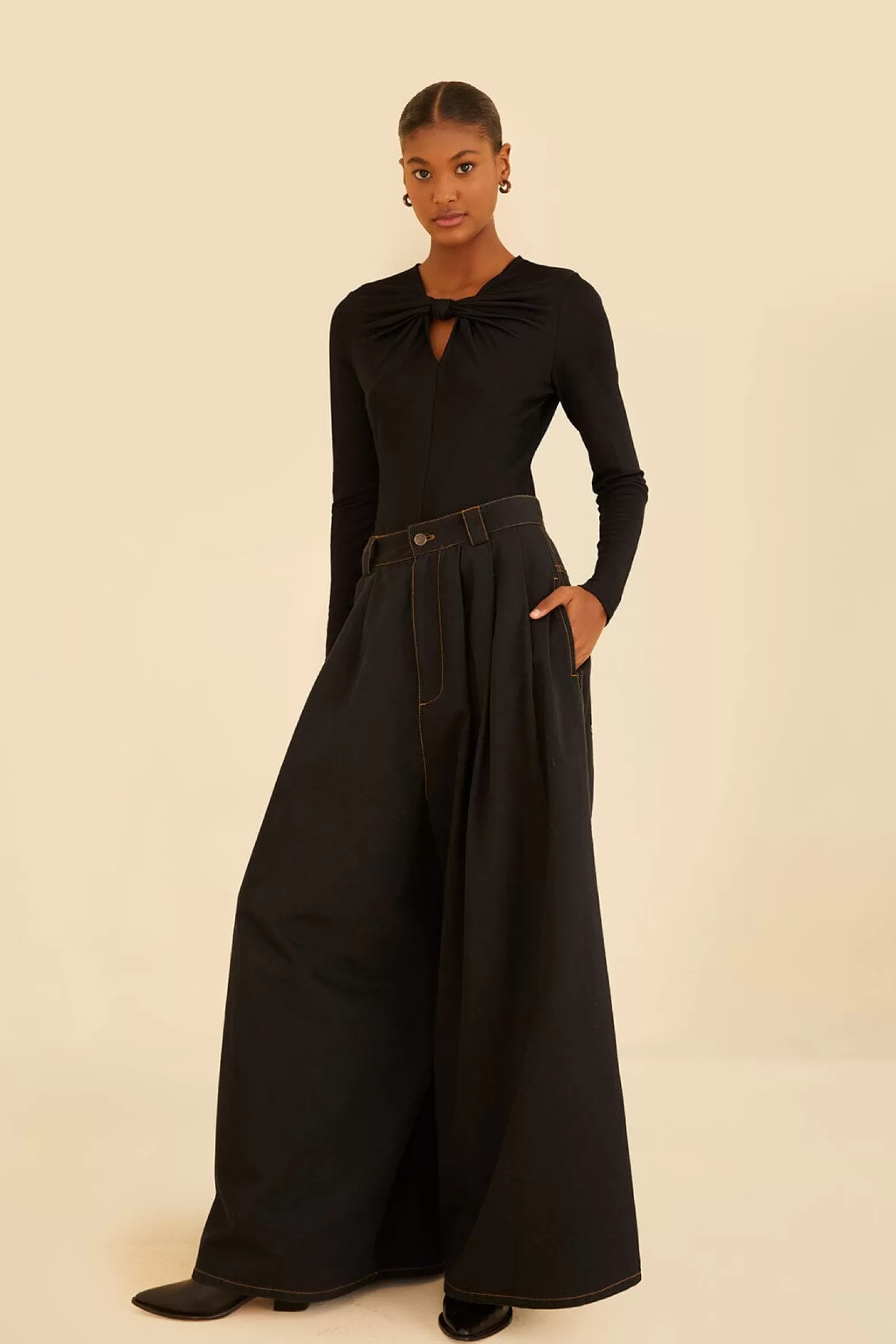 Shop FARM Rio  BLACK CANVAS MAXI PLEATED PANTS