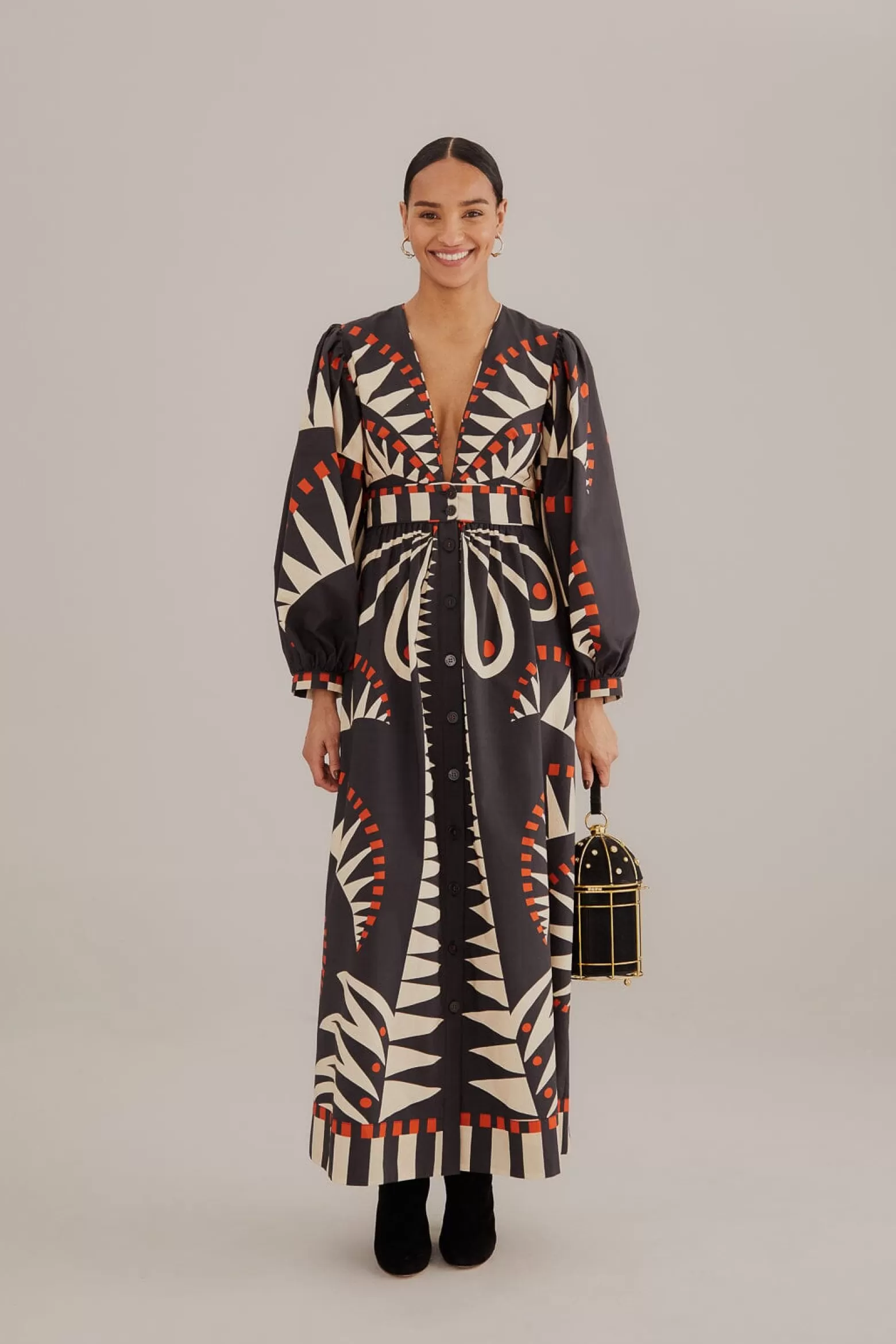 Online FARM Rio  BLACK COCONUT GROVE PUFF SLEEVE MAXI DRESS