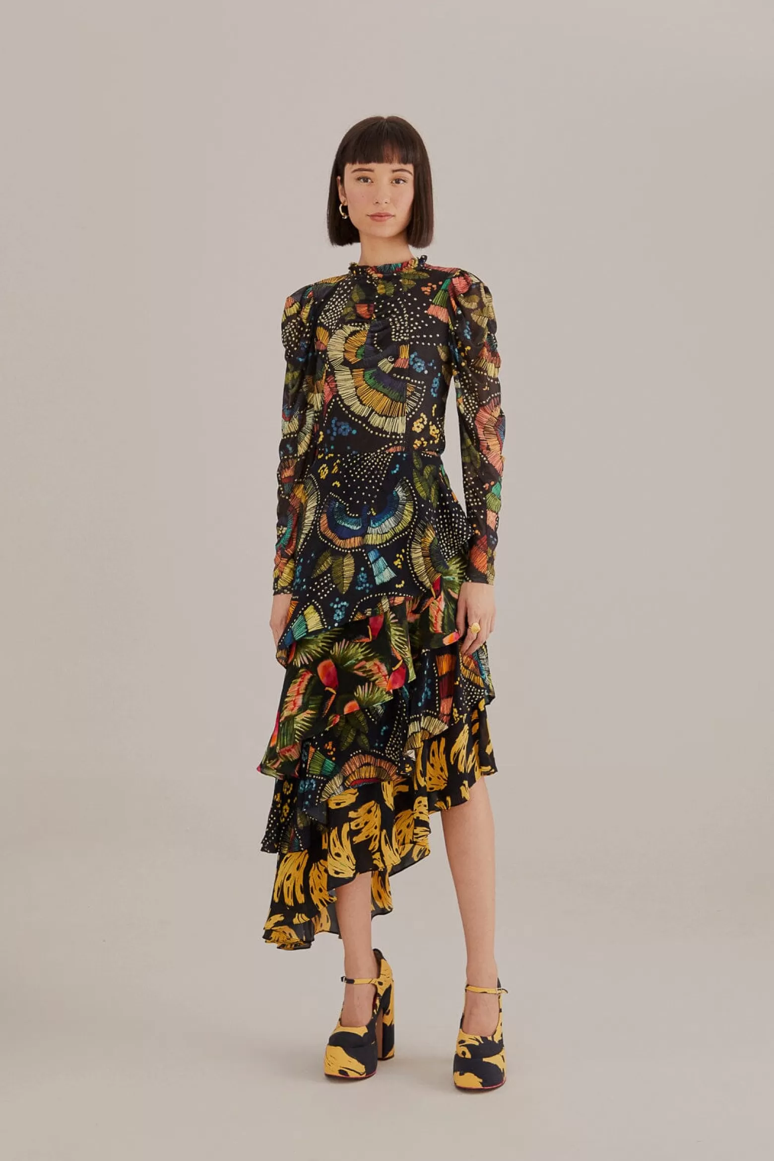 Store FARM Rio  BLACK COLORFUL BIRDS TULLE BLOUSE