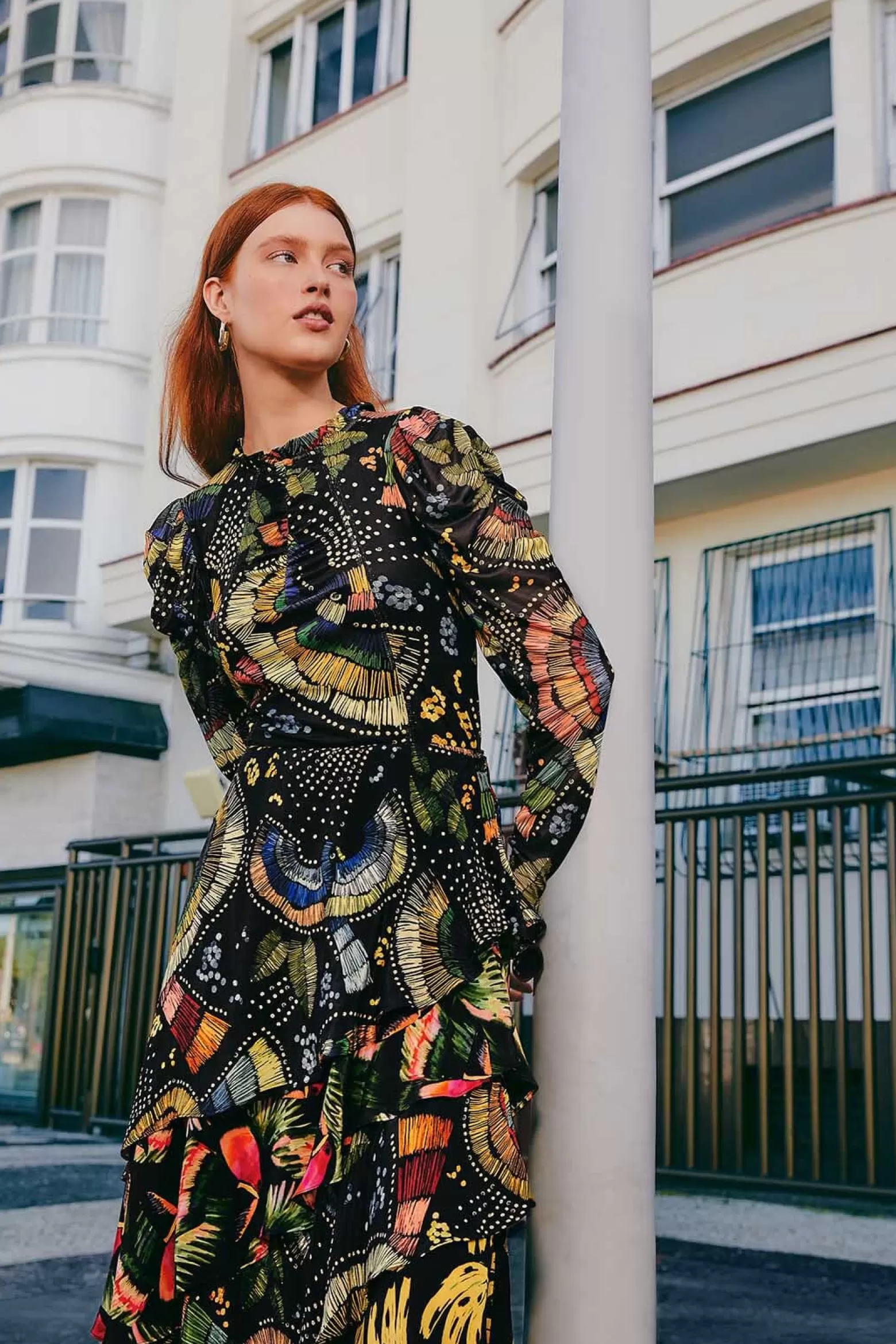 Store FARM Rio  BLACK COLORFUL BIRDS TULLE BLOUSE