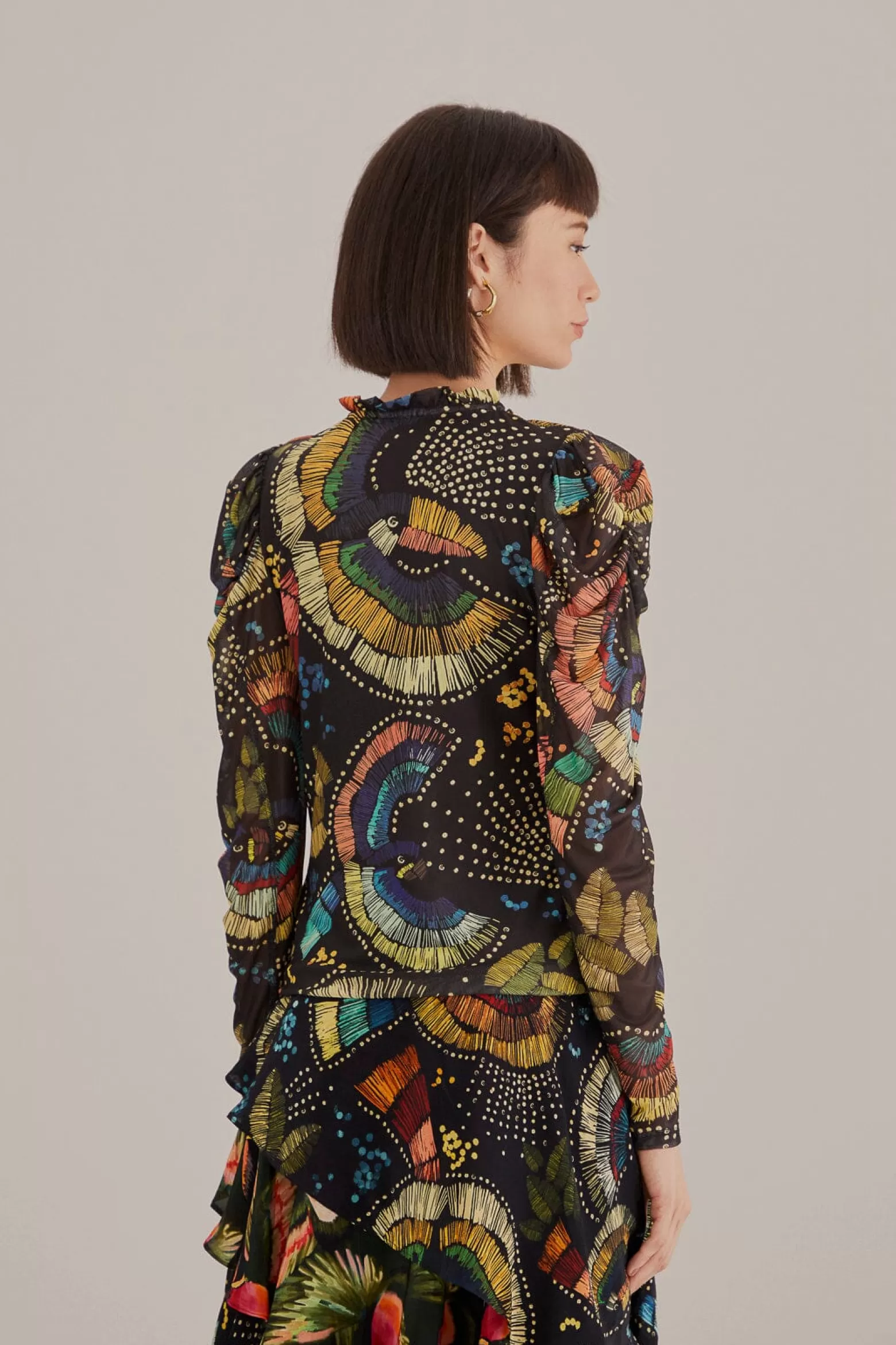 Store FARM Rio  BLACK COLORFUL BIRDS TULLE BLOUSE