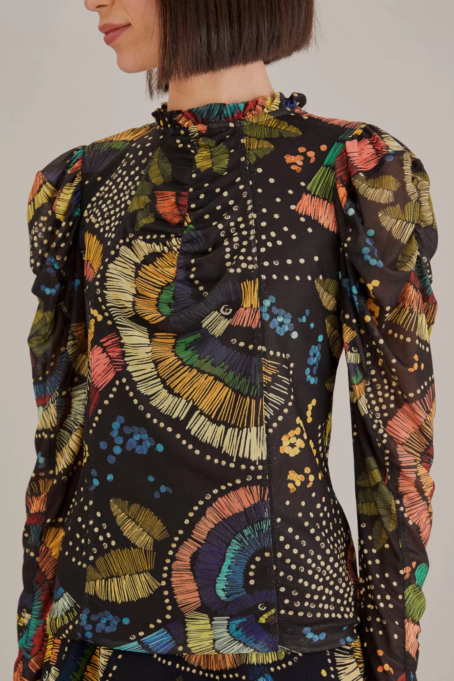 Store FARM Rio  BLACK COLORFUL BIRDS TULLE BLOUSE