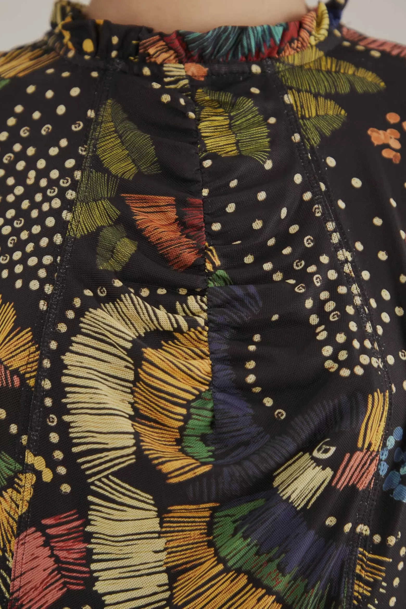 Store FARM Rio  BLACK COLORFUL BIRDS TULLE BLOUSE