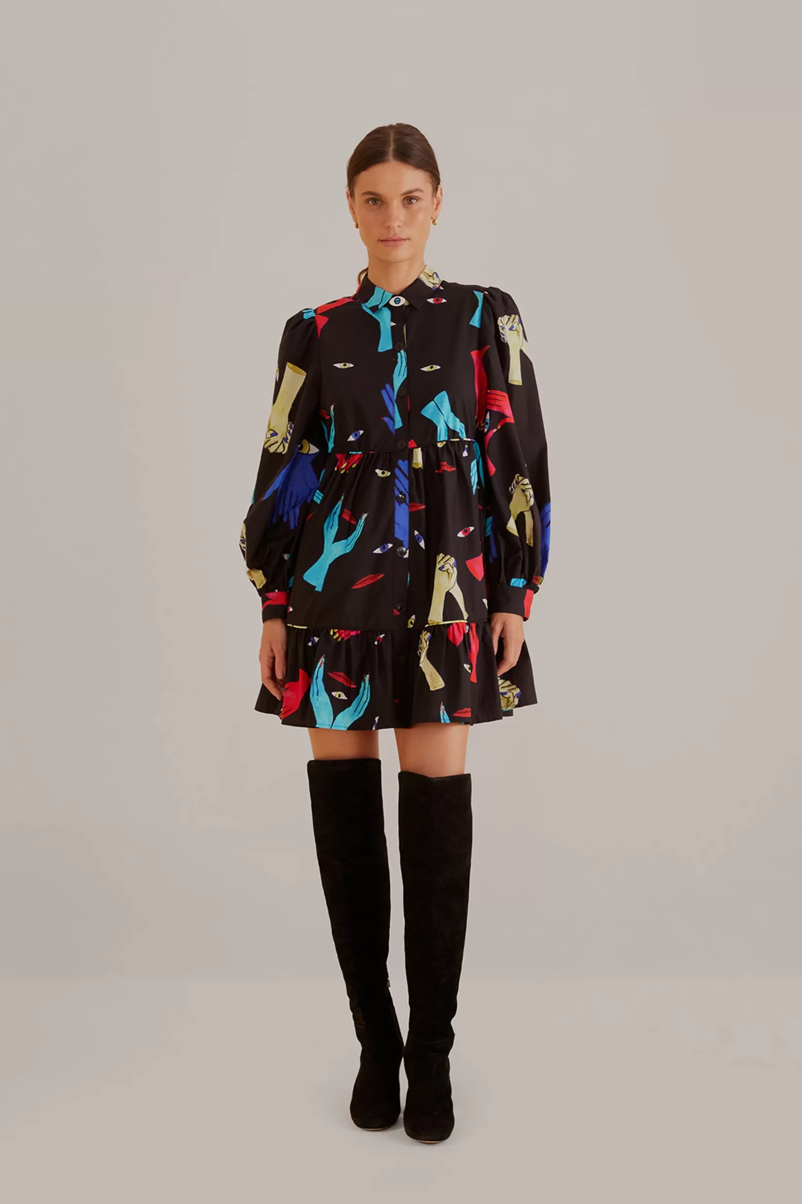 Flash Sale FARM Rio  BLACK COLORFUL TOGETHER  LONG SLEEVE MINI DRESS