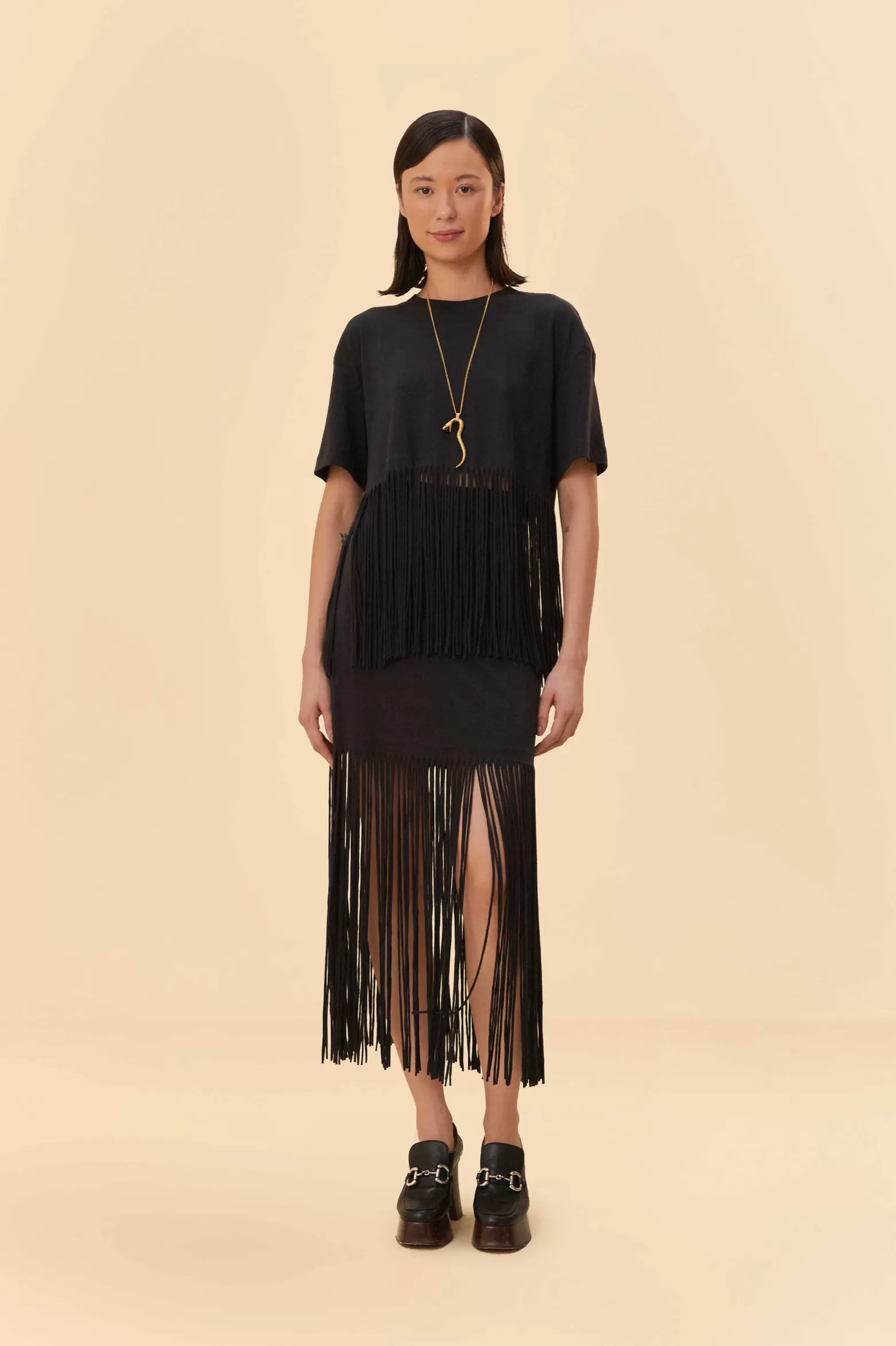 New FARM Rio  BLACK ORGANIC COTTON FRINGE MIDI  SKIRT