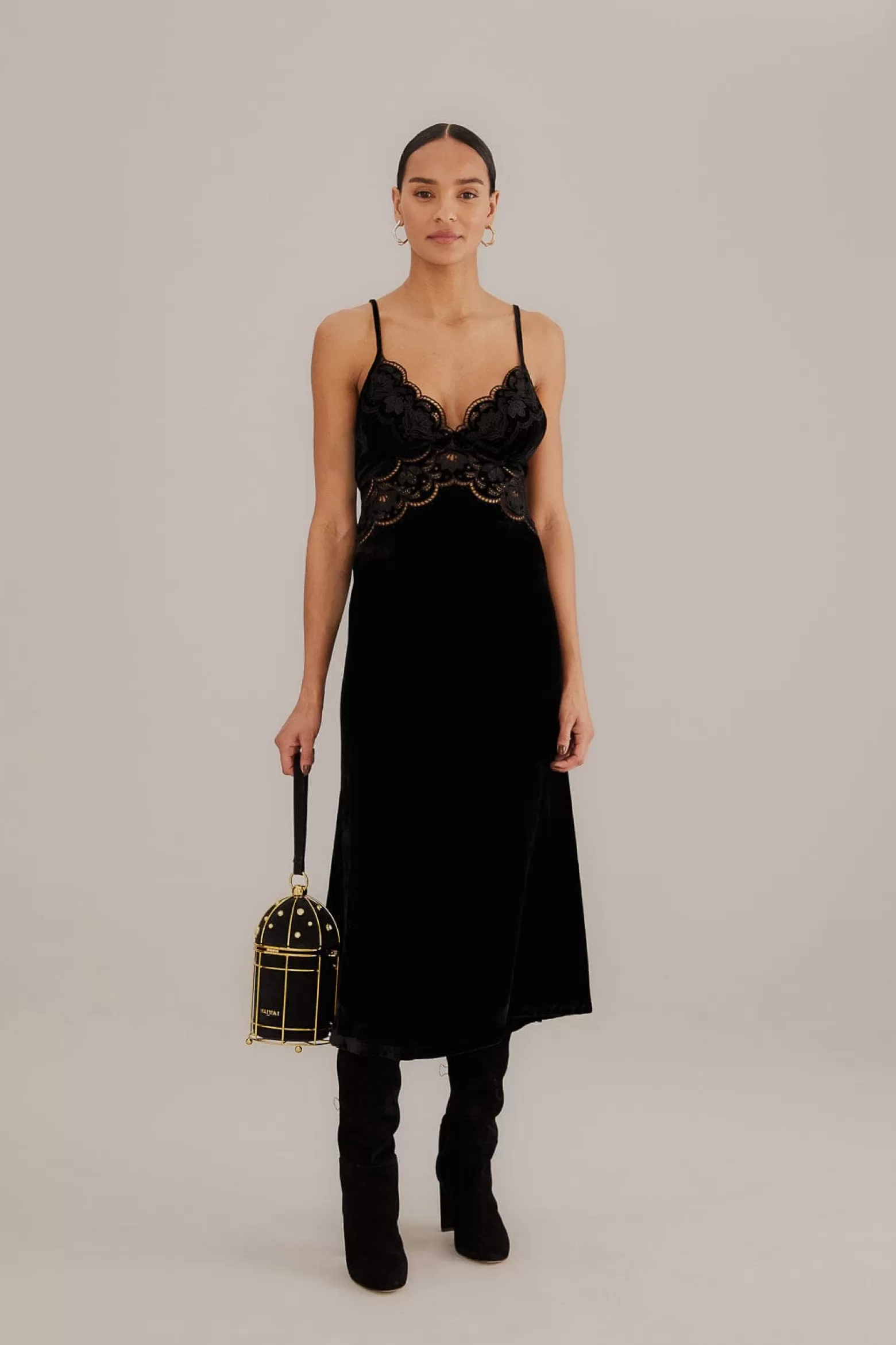 Online FARM Rio  BLACK RICHELIEU VELVET SLIP DRESS