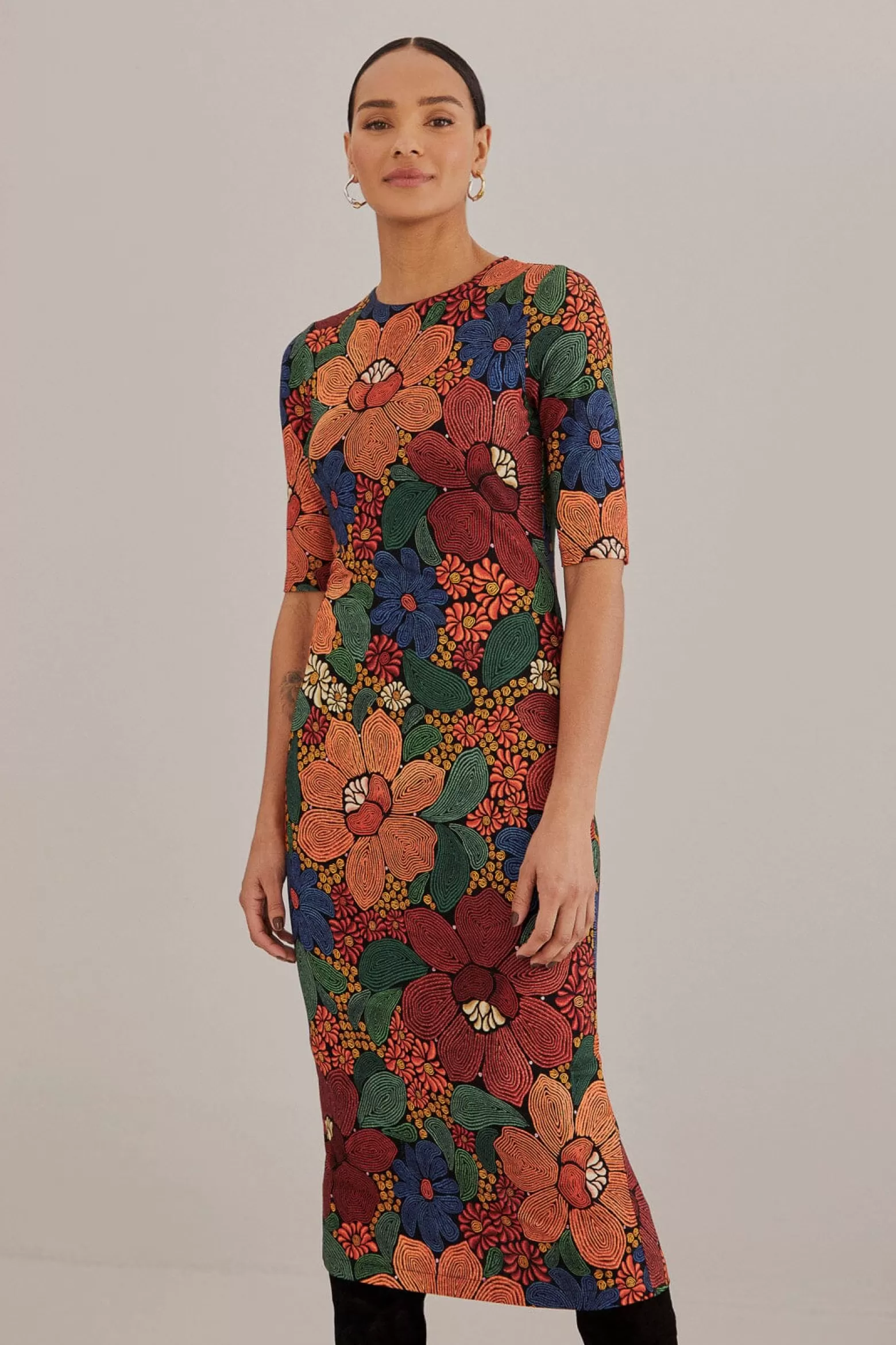 Best Sale FARM Rio  BLACK STITCHED FLOWERS LENZING™ ECOVERO™ VISCOSE MIDI DRESS