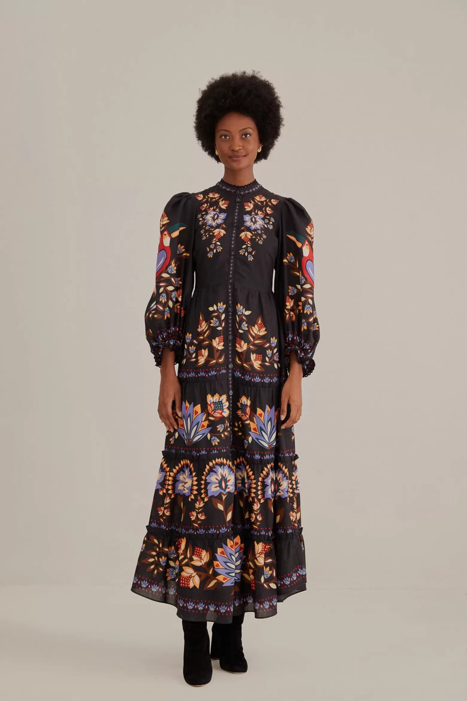 Discount FARM Rio  BLACK WINTER GARDEN LONG SLEEVE MAXI DRESS