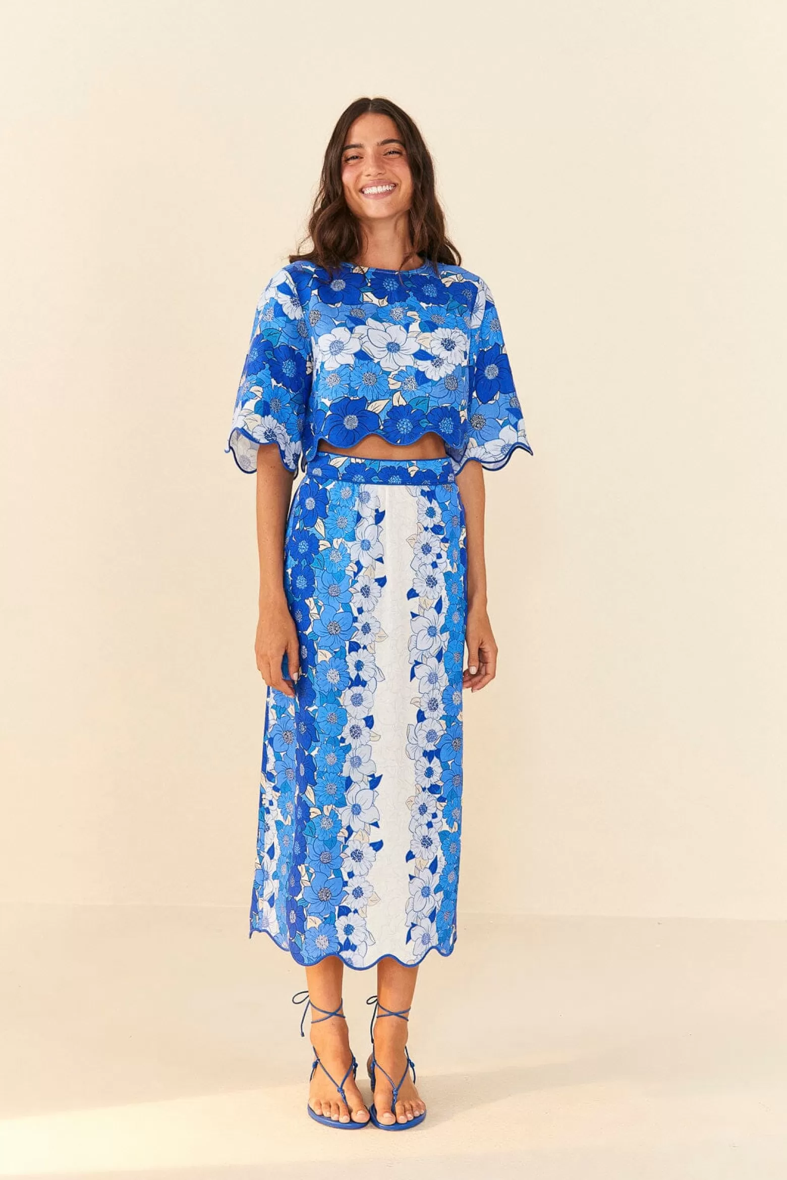 Cheap FARM Rio  BLUE FLOWER STRIPES MIDI SKIRT