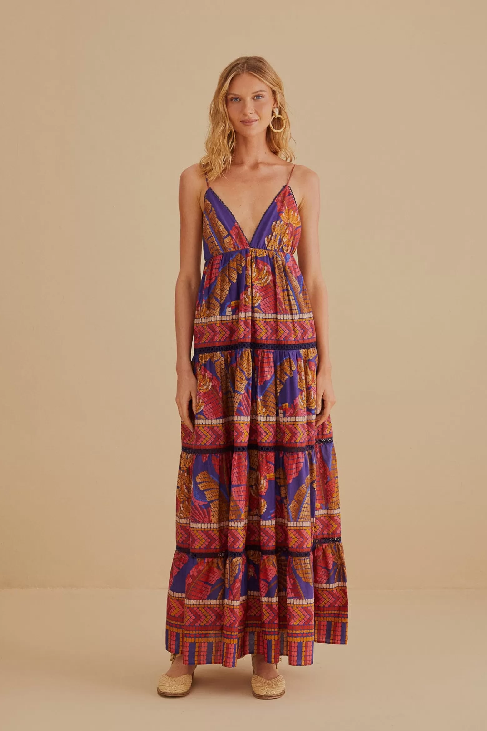 New FARM Rio  BLUE FOREST MOSAIC SLEEVELESS MAXI DRESS