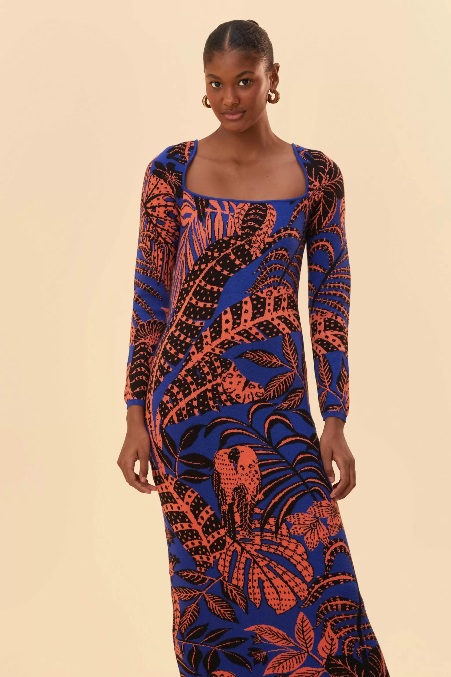 Flash Sale FARM Rio  BLUE TROPICAL GOLD LONG SLEEVE DRESS