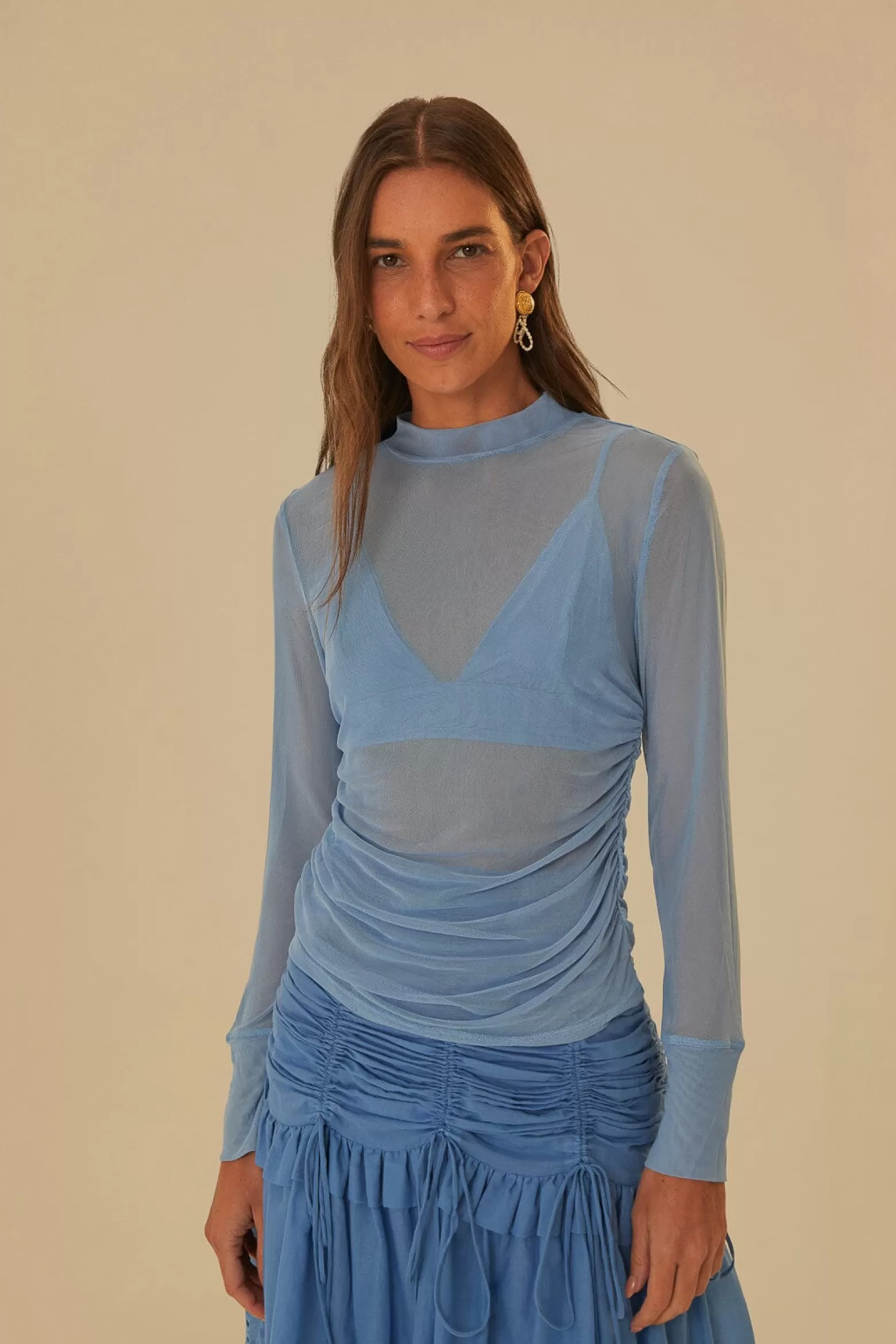 Fashion FARM Rio  BLUE TULLE LONG SLEEVED BLOUSE