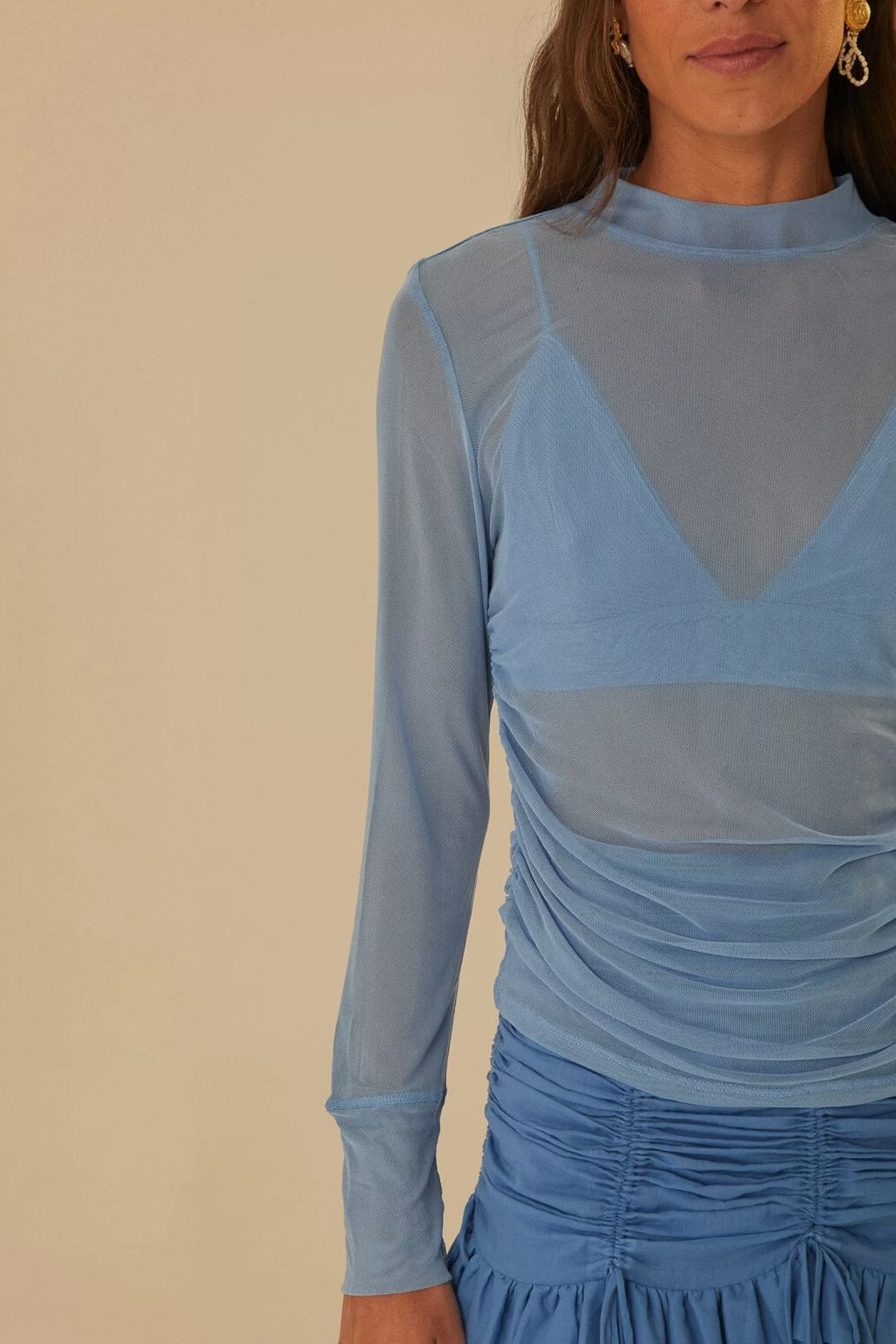 Fashion FARM Rio  BLUE TULLE LONG SLEEVED BLOUSE