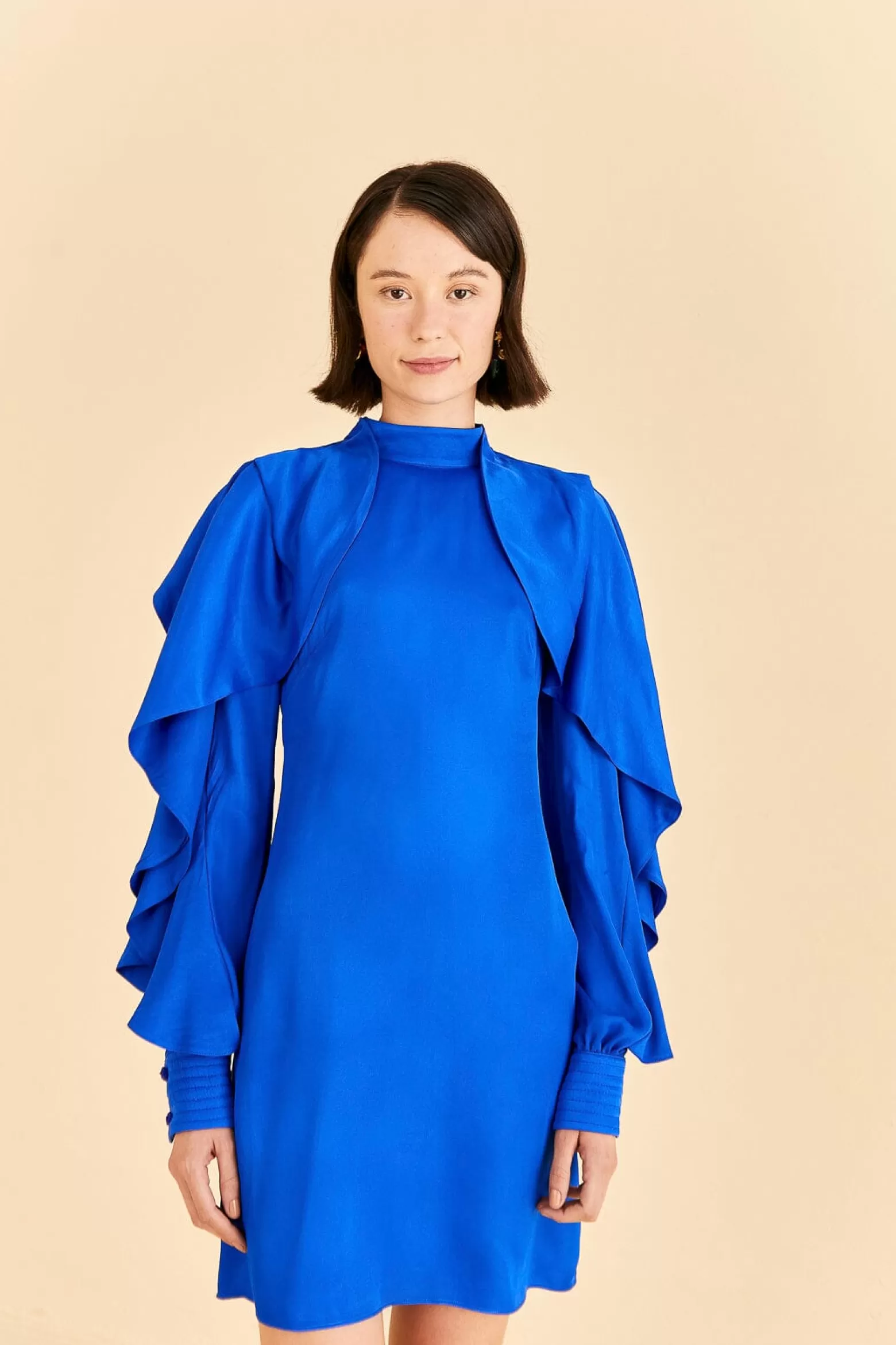 Hot FARM Rio  BRIGHT BLUE BACKLESS RUFFLE SLEEVE MINI DRESS