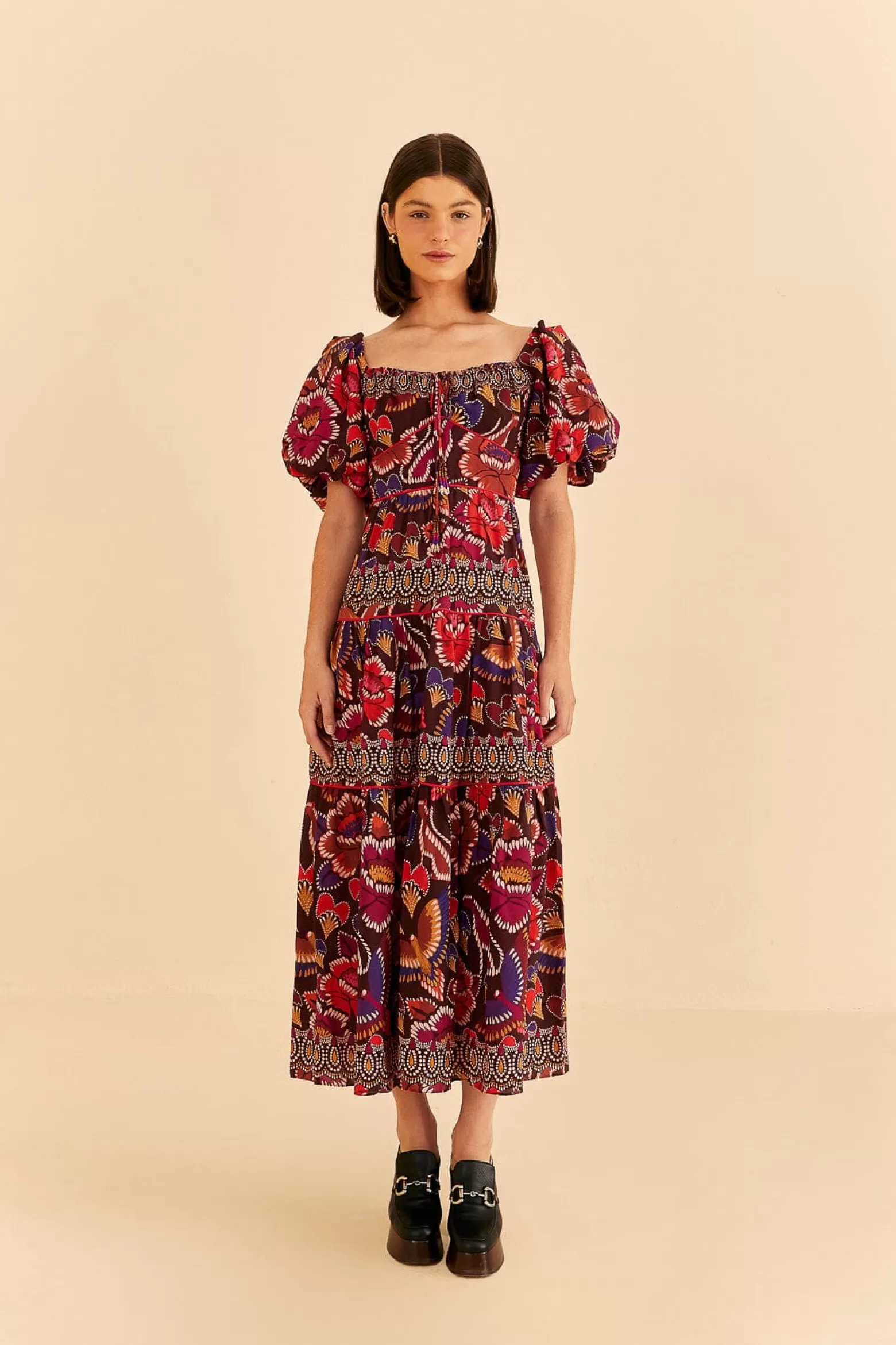 Best FARM Rio  BROWN BRIGHT FLORA SHORT SLEEVE MIDI DRESS