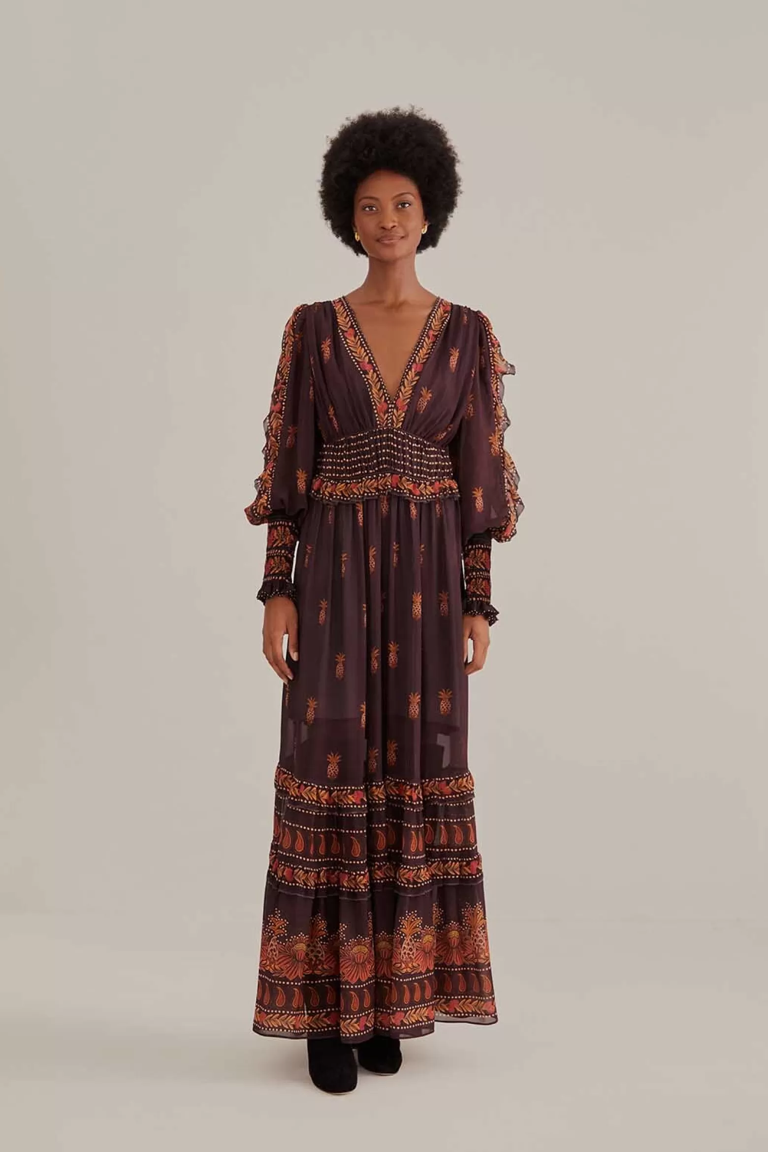 Store FARM Rio  BROWN PAISLEY BLOOM LONG SLEEVE MAXI DRESS