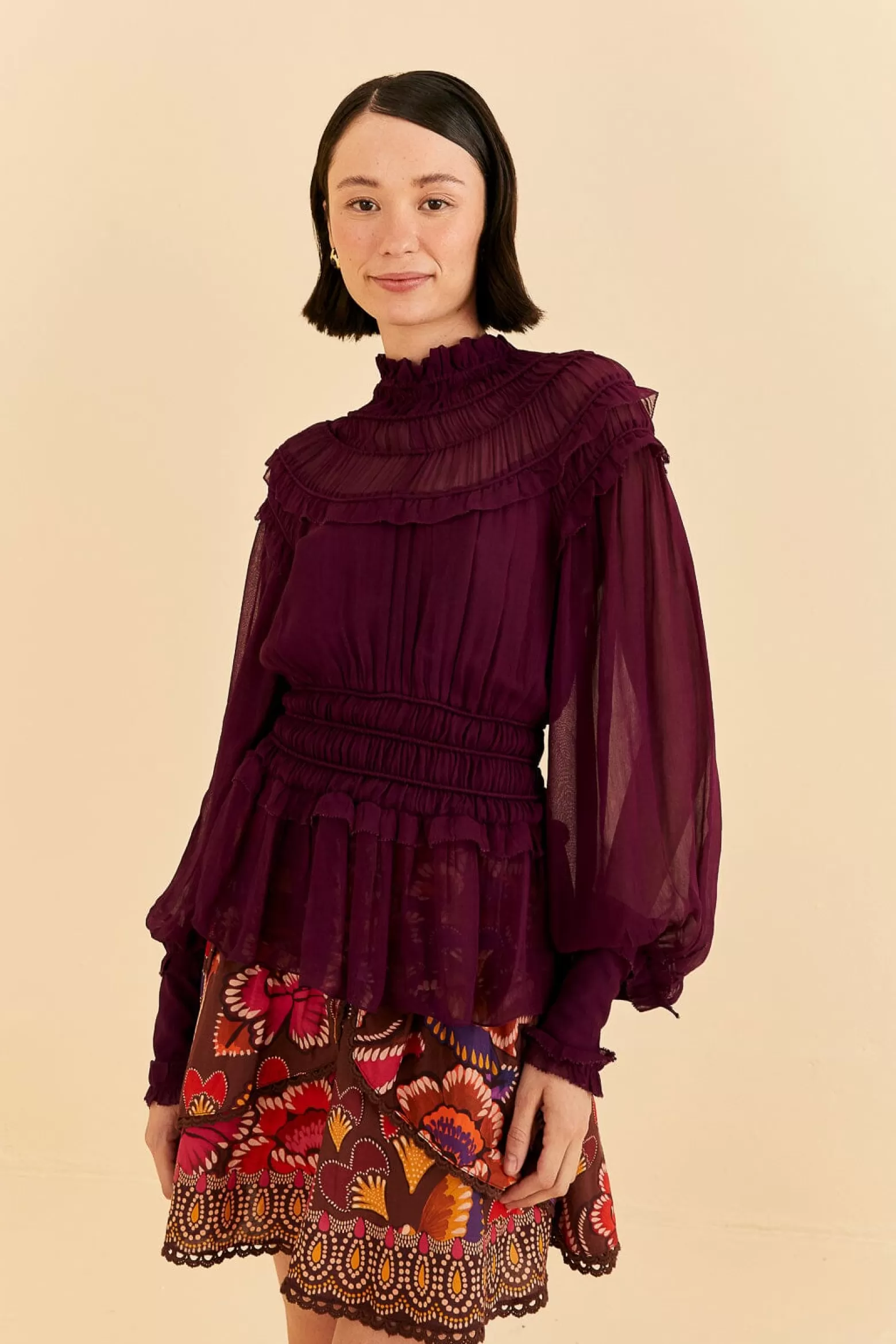 Fashion FARM Rio  BURGUNDY RUFFLE HIGH NECK BLOUSE