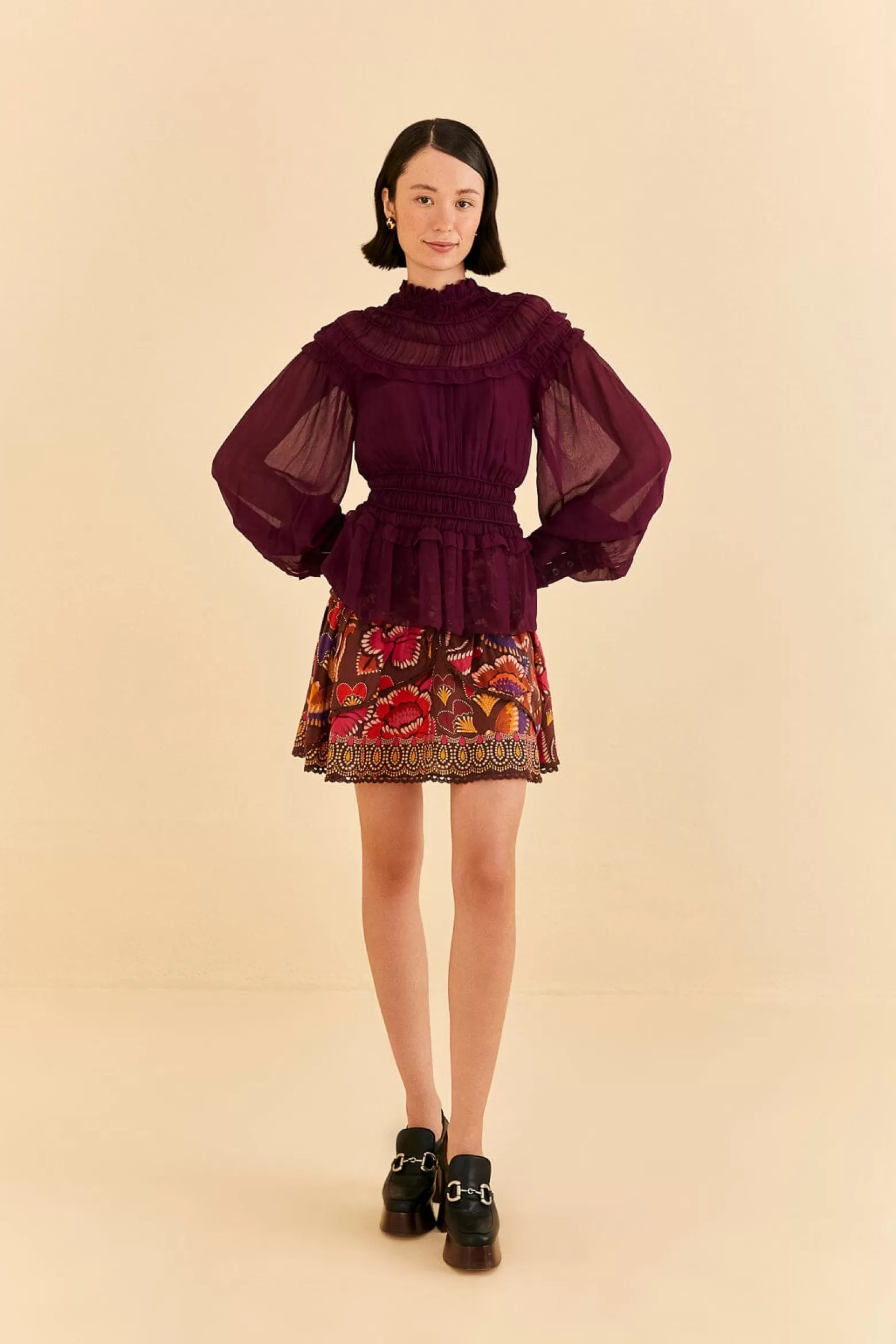 Fashion FARM Rio  BURGUNDY RUFFLE HIGH NECK BLOUSE