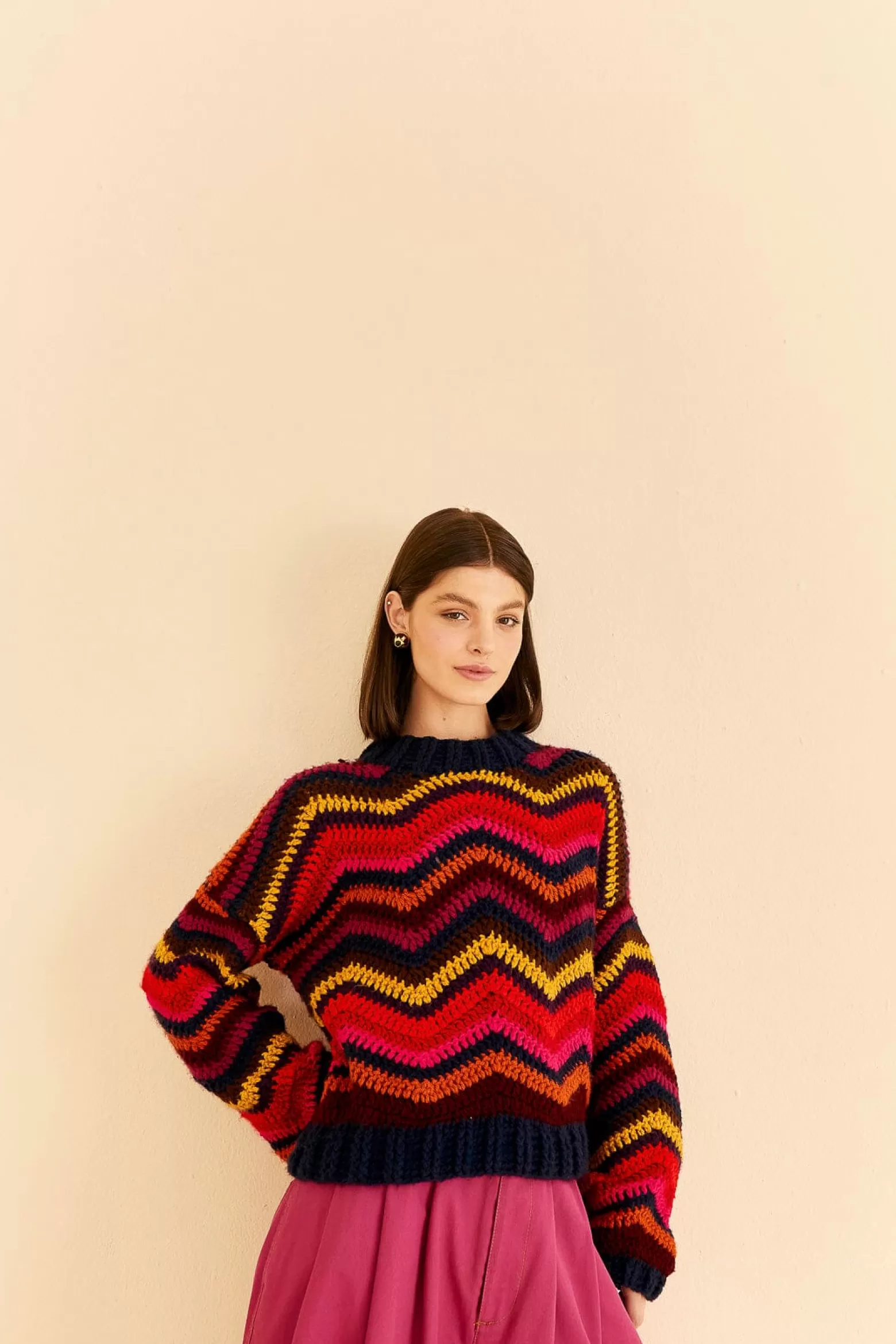 Flash Sale FARM Rio  COLORFUL WAVES CROCHET HIGH NECK SWEATER