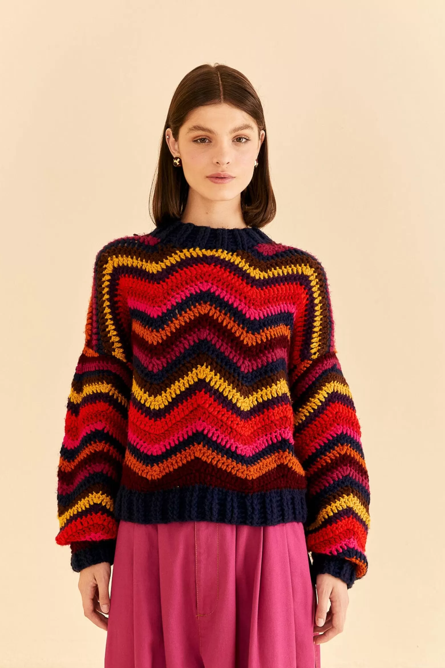 Flash Sale FARM Rio  COLORFUL WAVES CROCHET HIGH NECK SWEATER