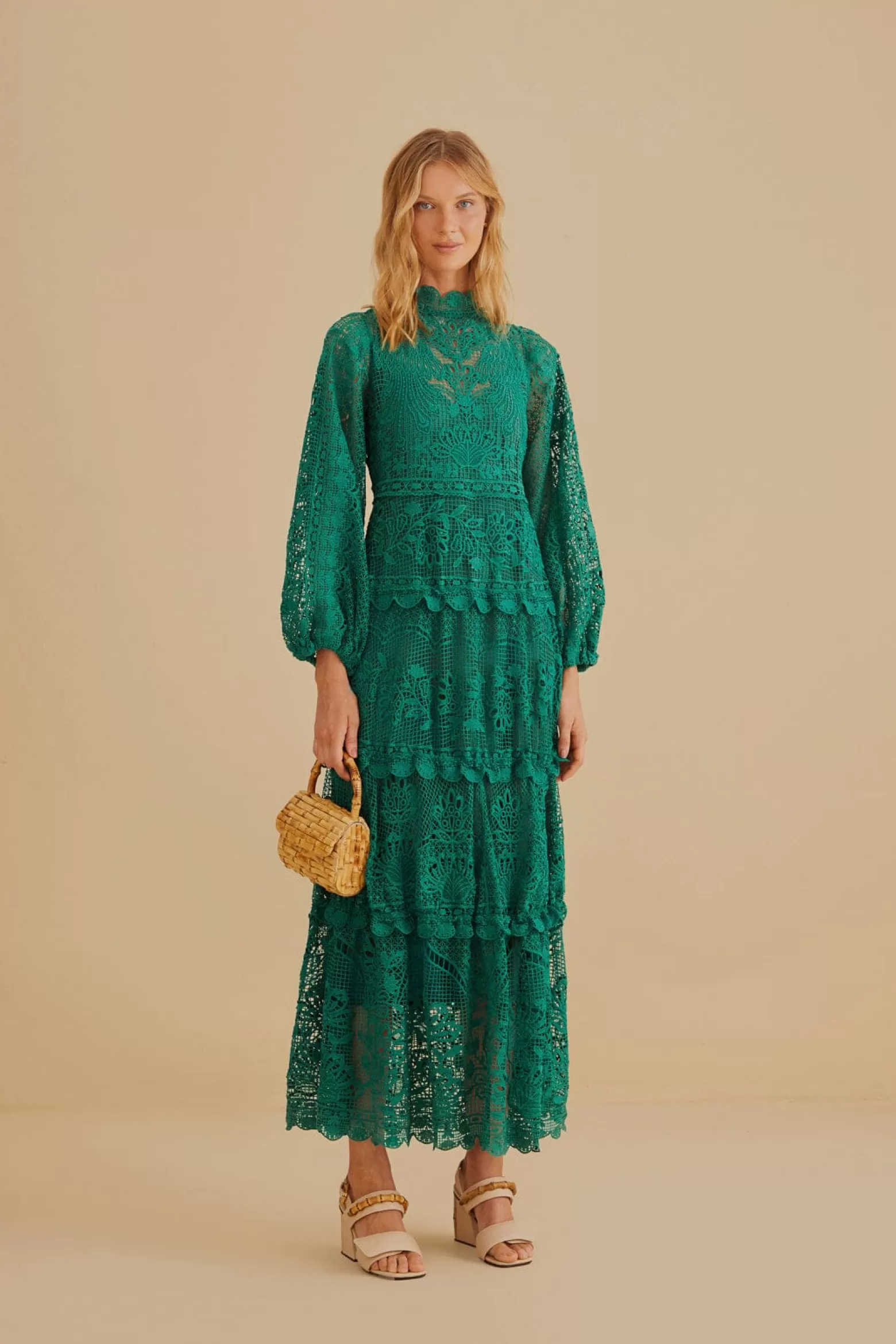 Best FARM Rio  DARK GREEN GUIPURE LONG SLEEVE MAXI DRESS