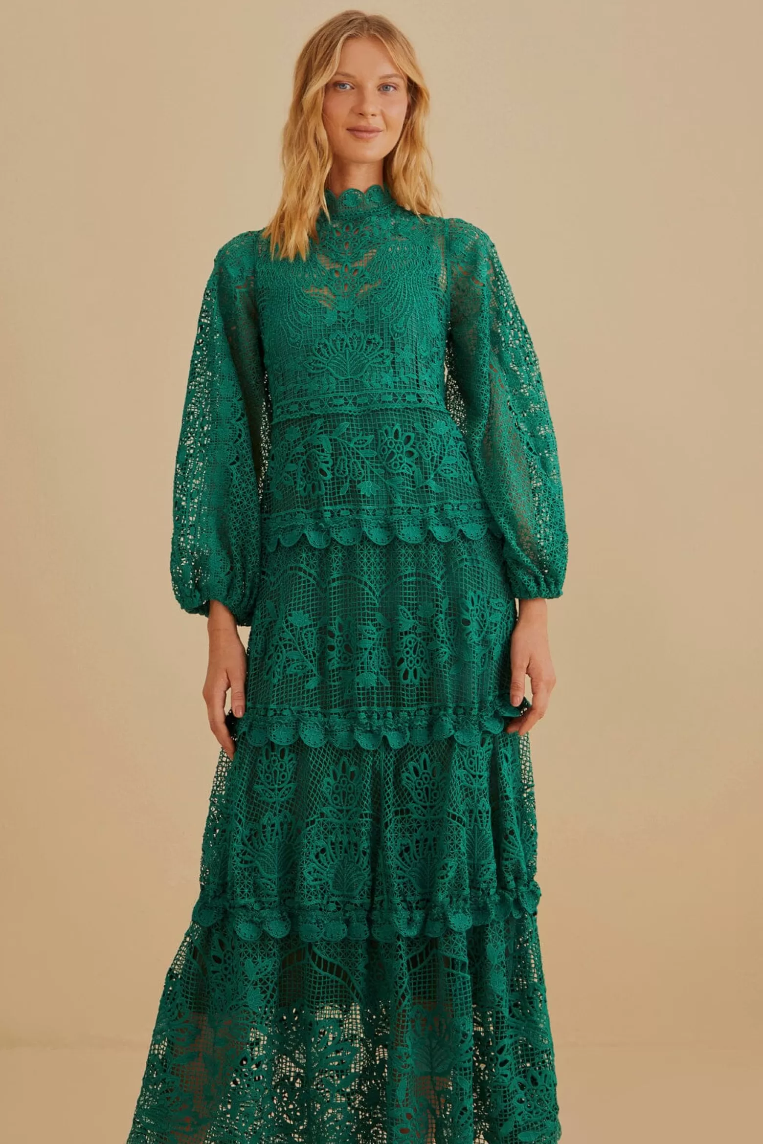 Best FARM Rio  DARK GREEN GUIPURE LONG SLEEVE MAXI DRESS