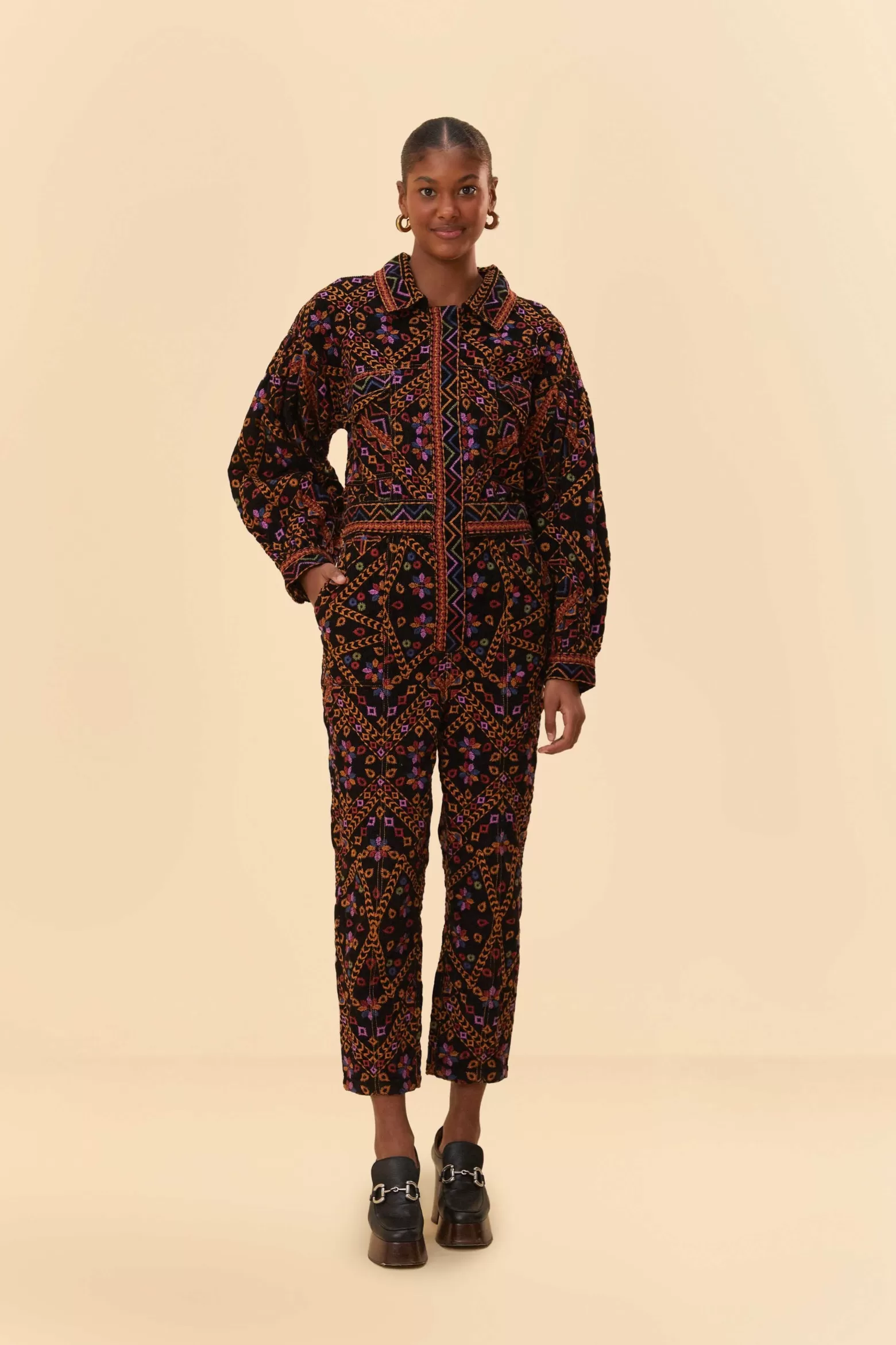 New FARM Rio  EMBROIDERED LONG SLEEVE JUMPSUIT