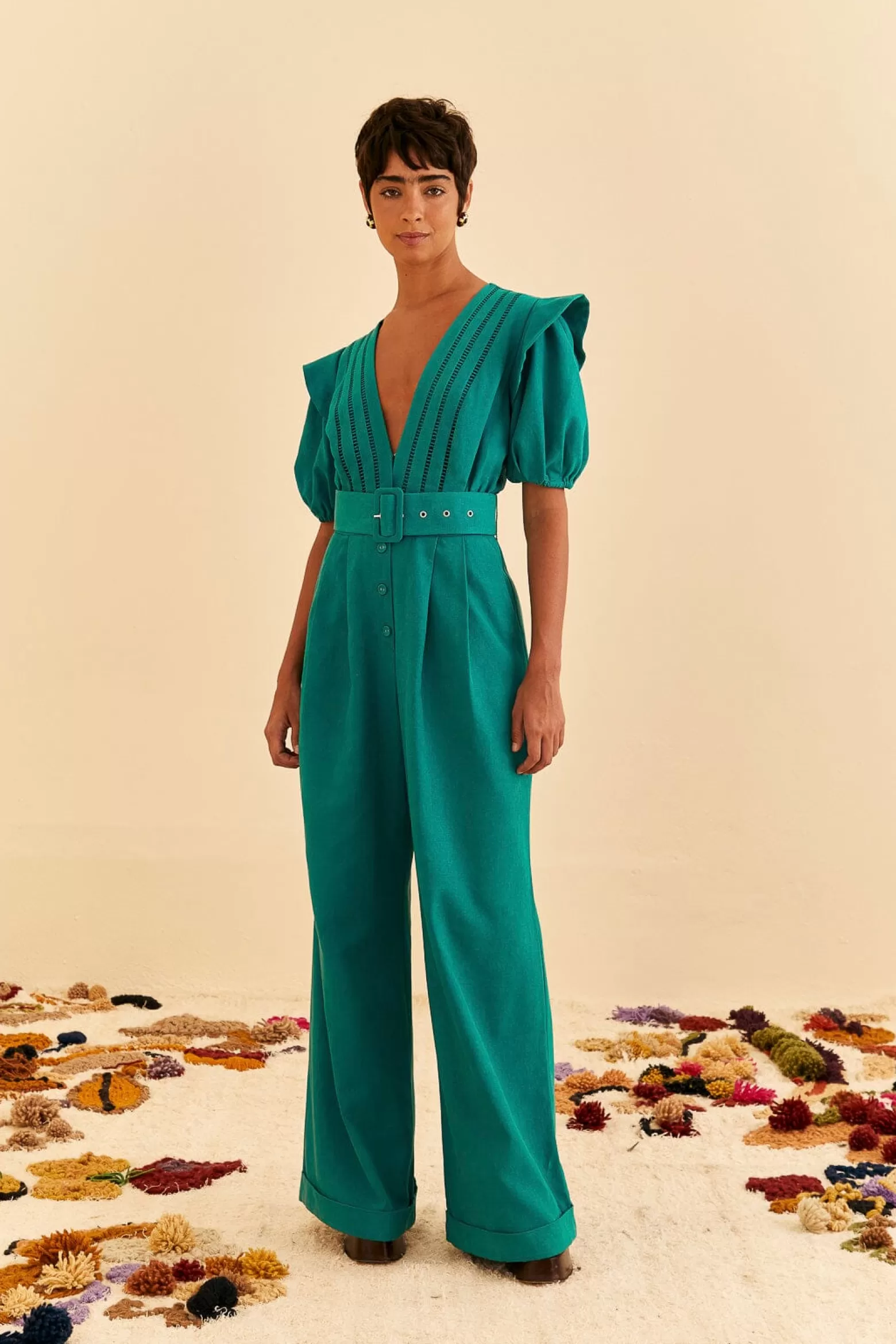 Shop FARM Rio  EMERALD PLEATED SHORT SLEEVE JUMPSUIT