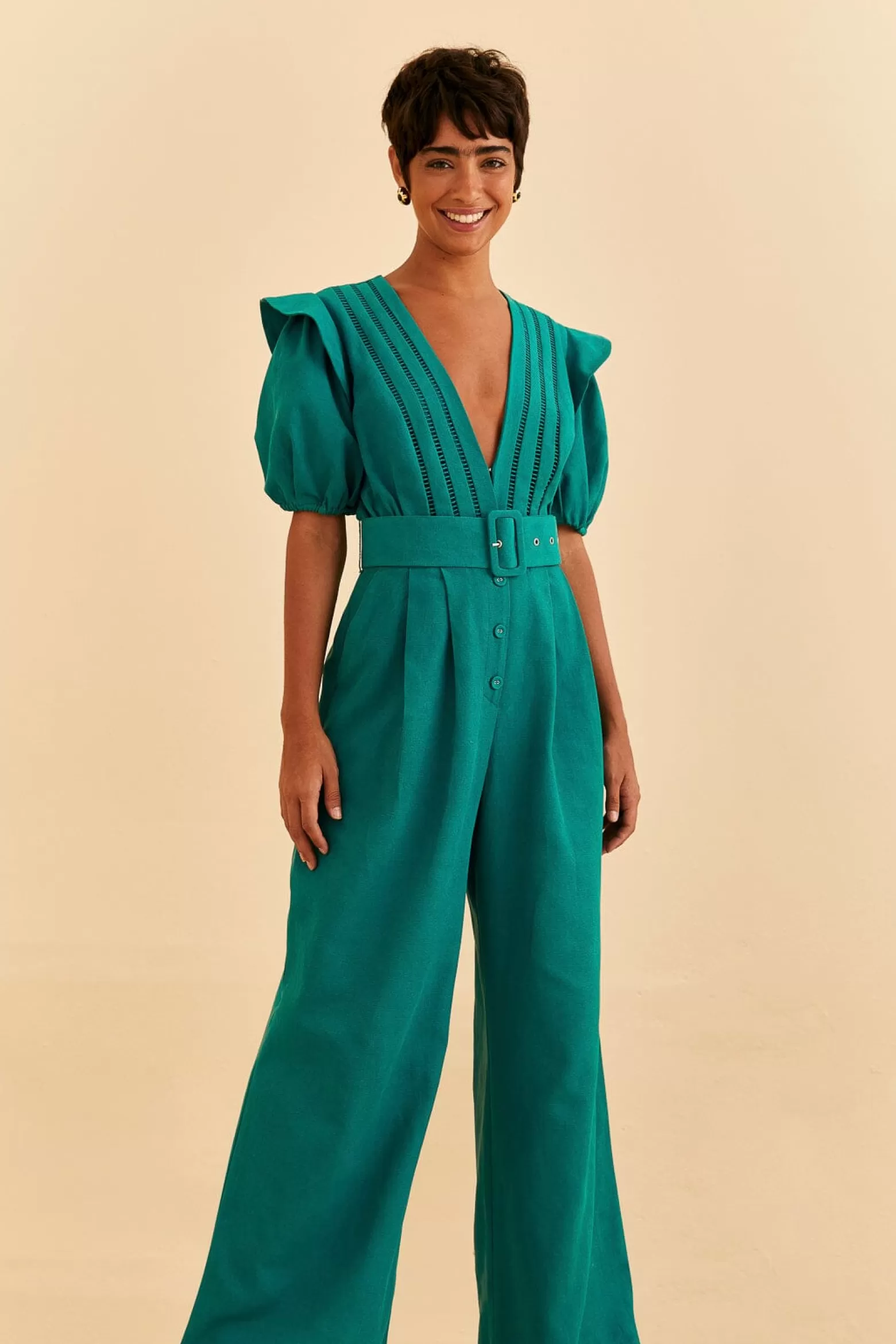 Shop FARM Rio  EMERALD PLEATED SHORT SLEEVE JUMPSUIT