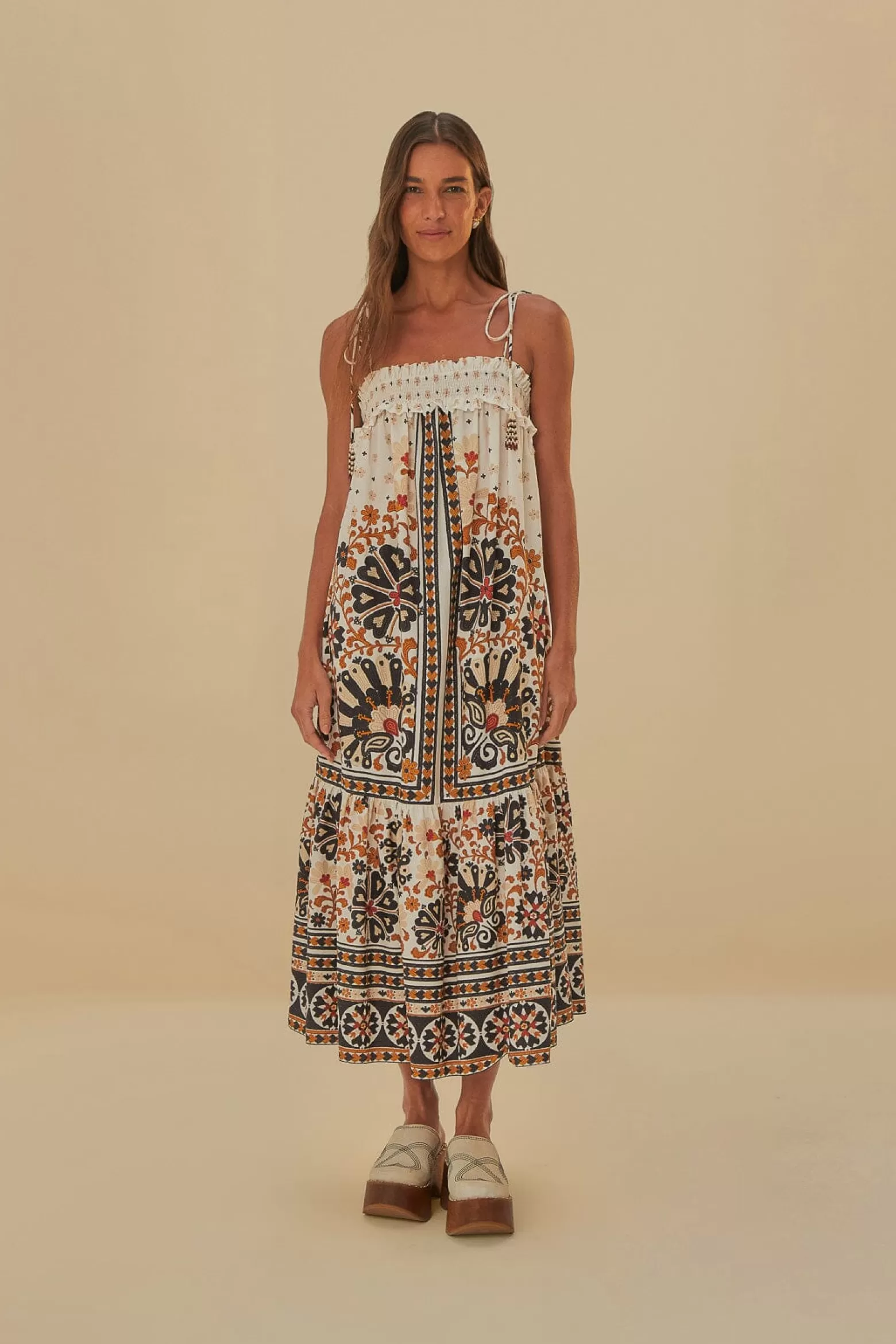 Best FARM Rio  FLOWER FAN TAPESTRY OFF-WHITE MIDI DRESS