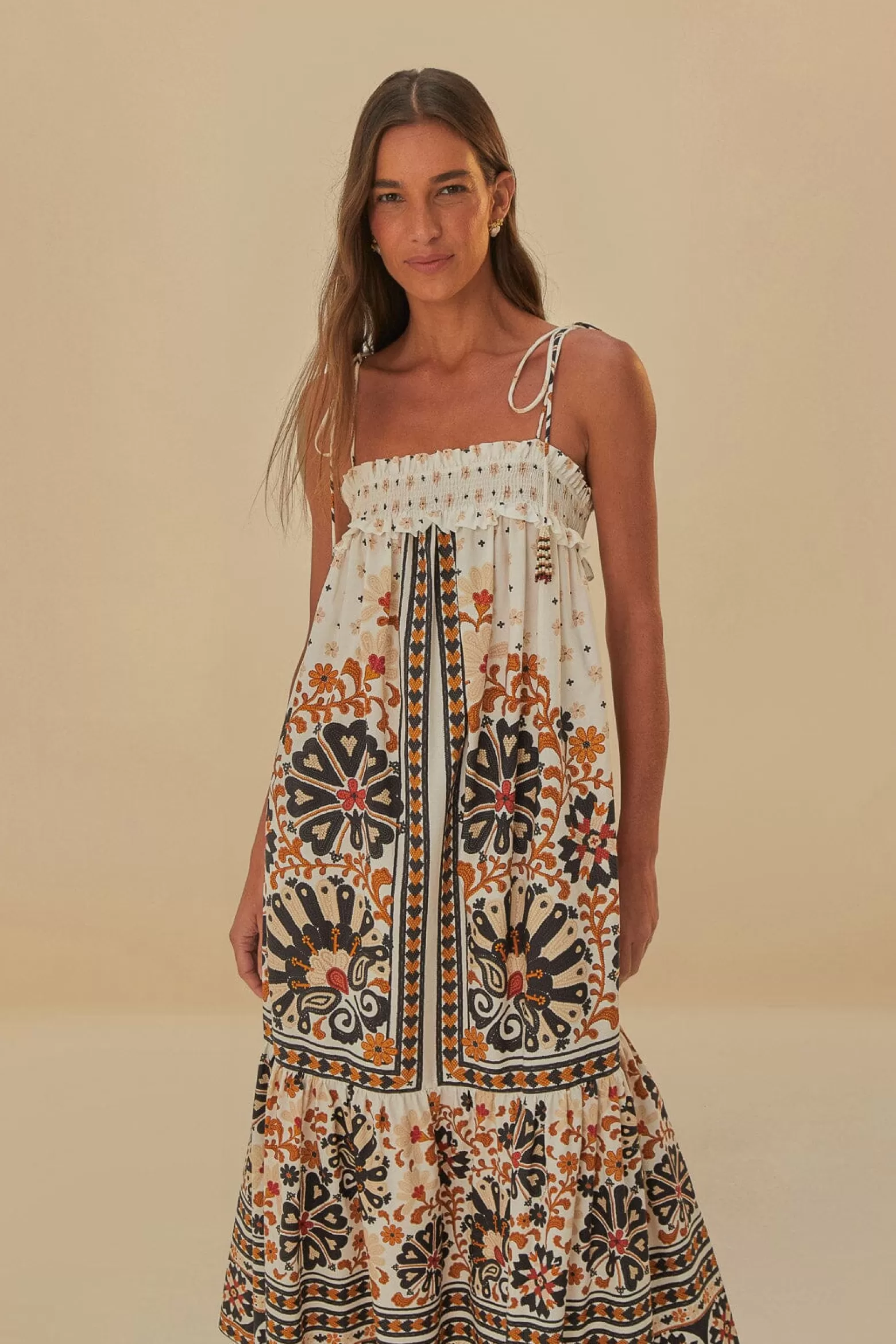 Best FARM Rio  FLOWER FAN TAPESTRY OFF-WHITE MIDI DRESS