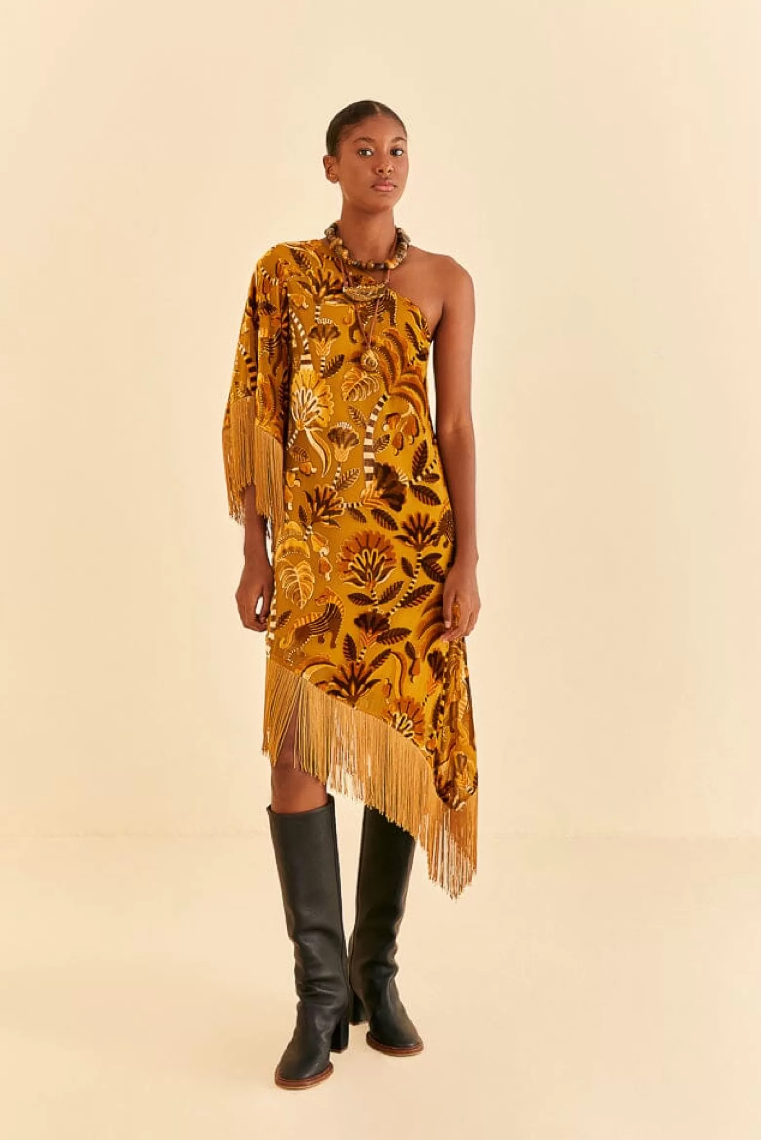 Online FARM Rio  GOLDEN YELLOW VELVET ONE SHOULDER FRINGE DRESS