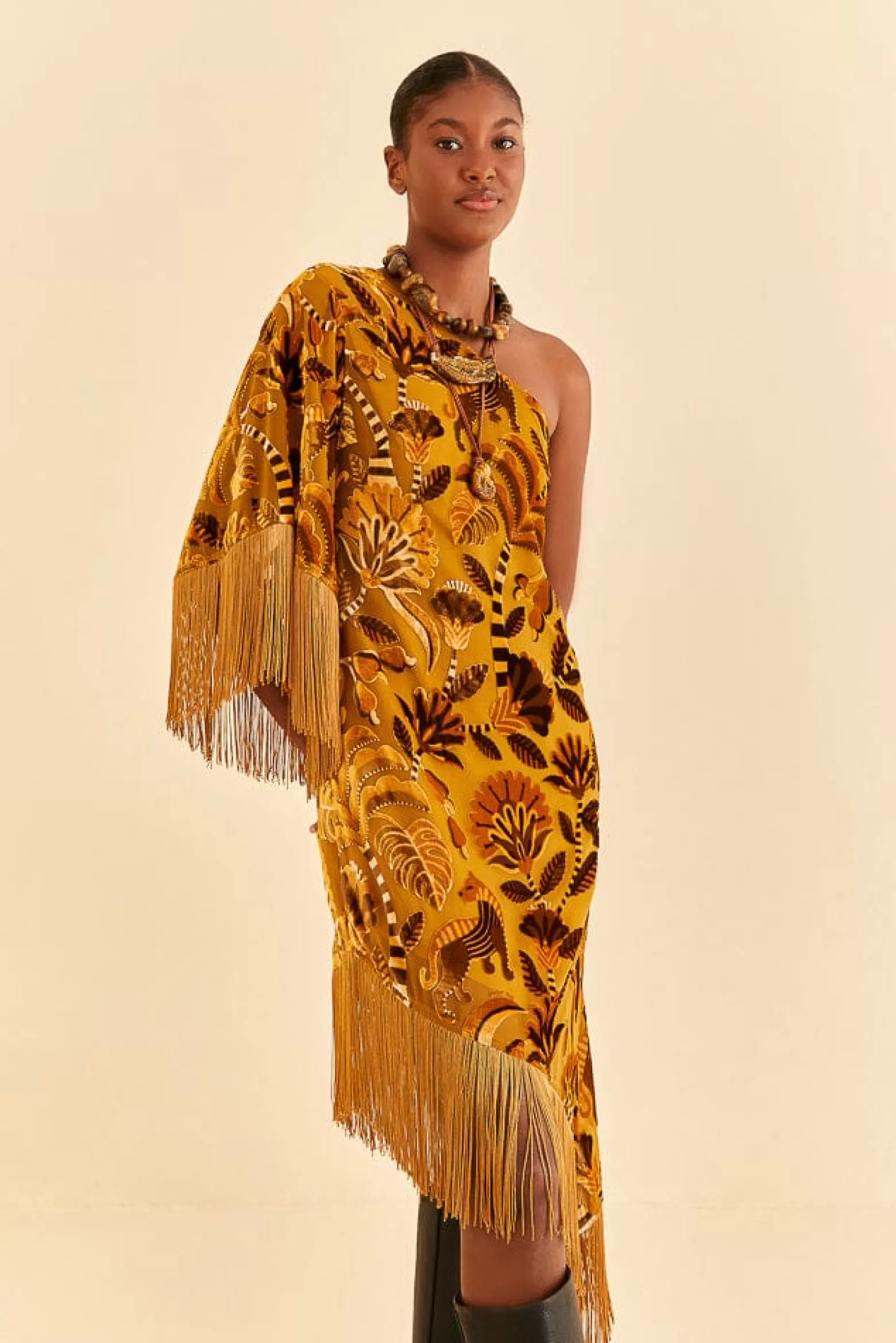 Online FARM Rio  GOLDEN YELLOW VELVET ONE SHOULDER FRINGE DRESS