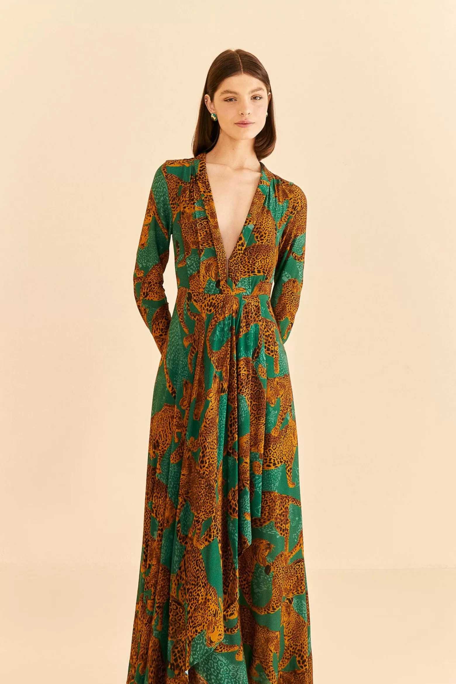 Hot FARM Rio  GREEN ARTSY LEOPARDS LONG SLEEVE MAXI DRESS