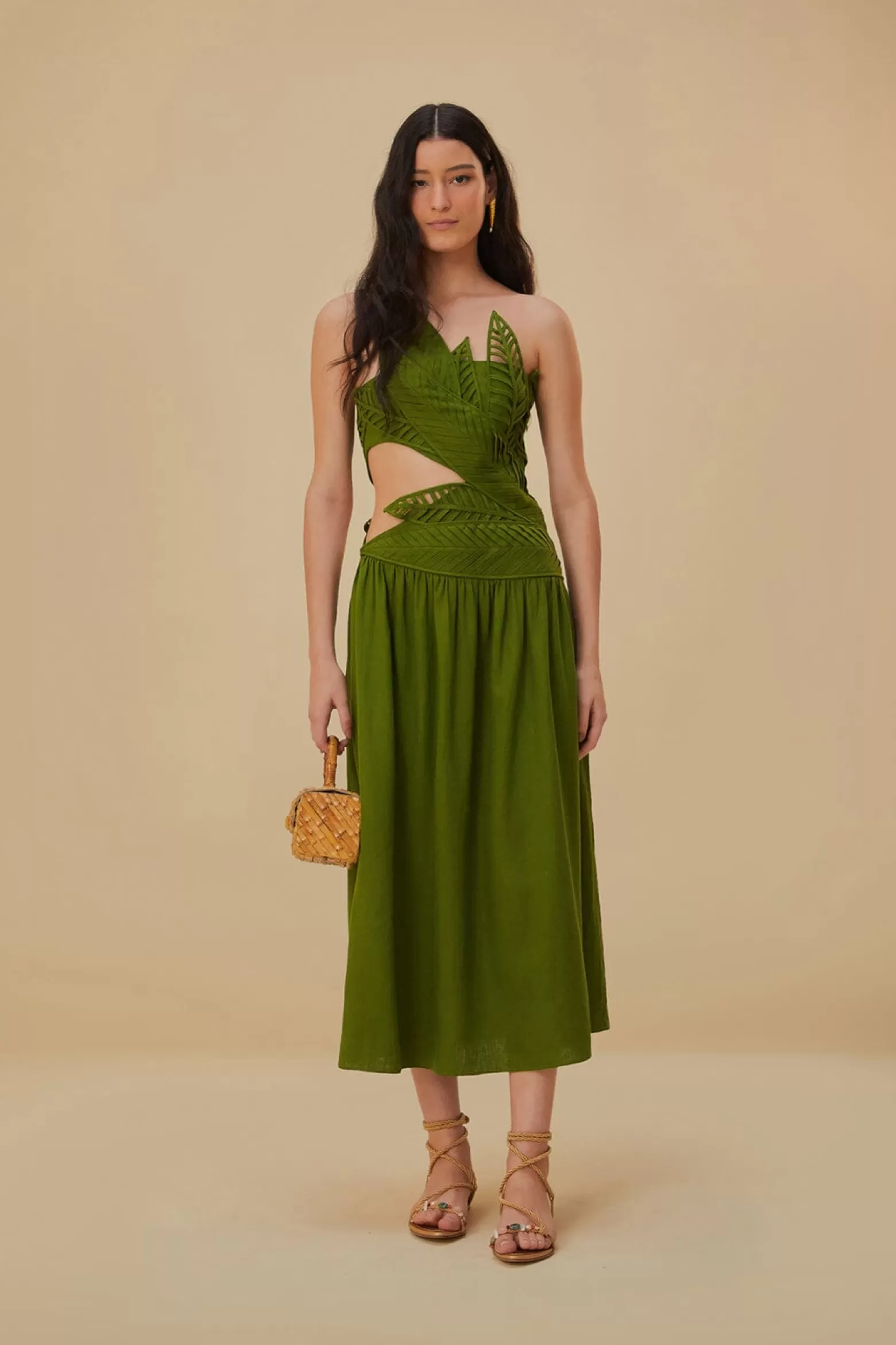 Shop FARM Rio  GREEN LEAVES CUT OUT MIDI DRESS