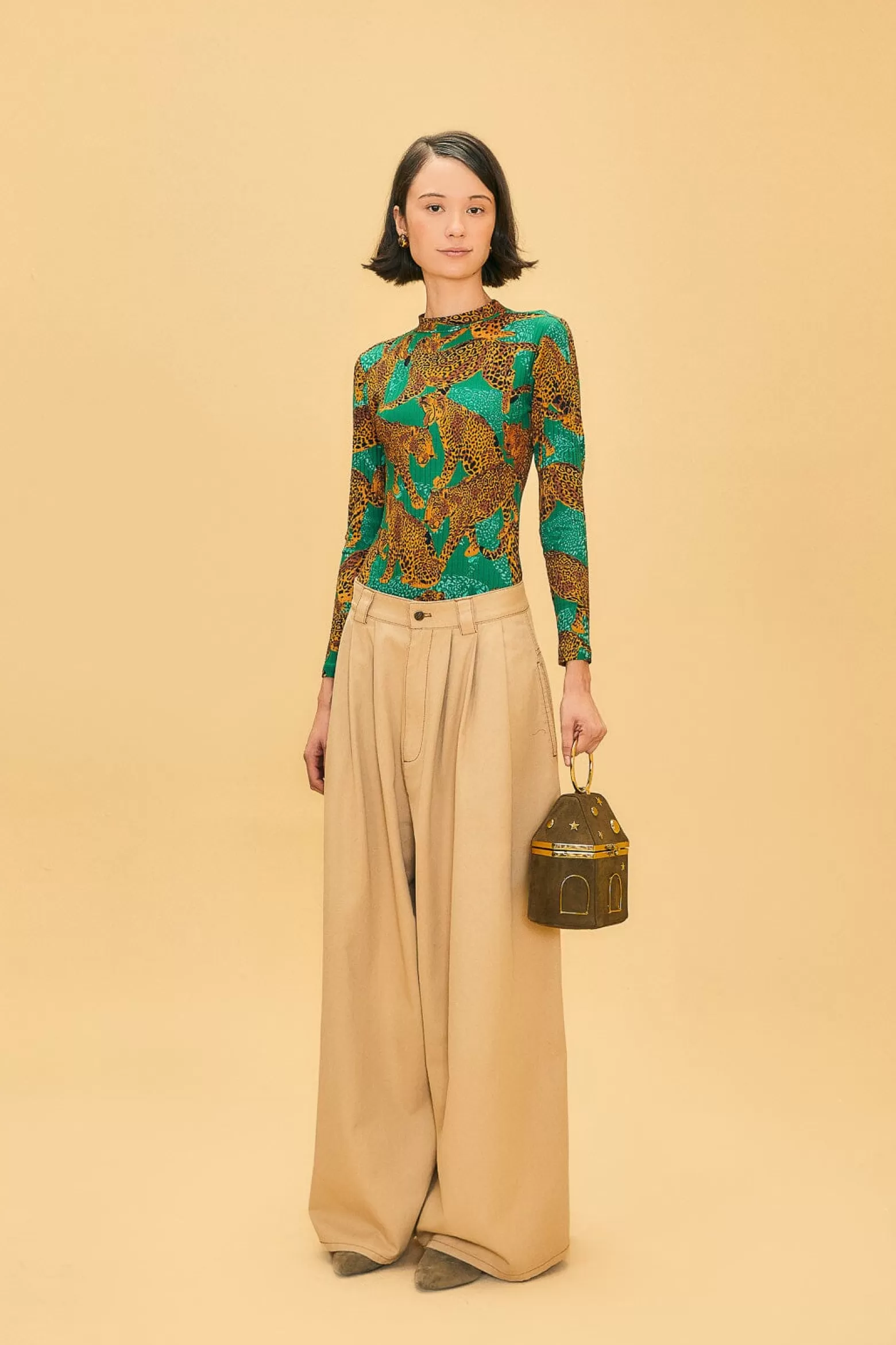 Outlet FARM Rio  KHAKI LOW WAISTED PLEATED PANTS