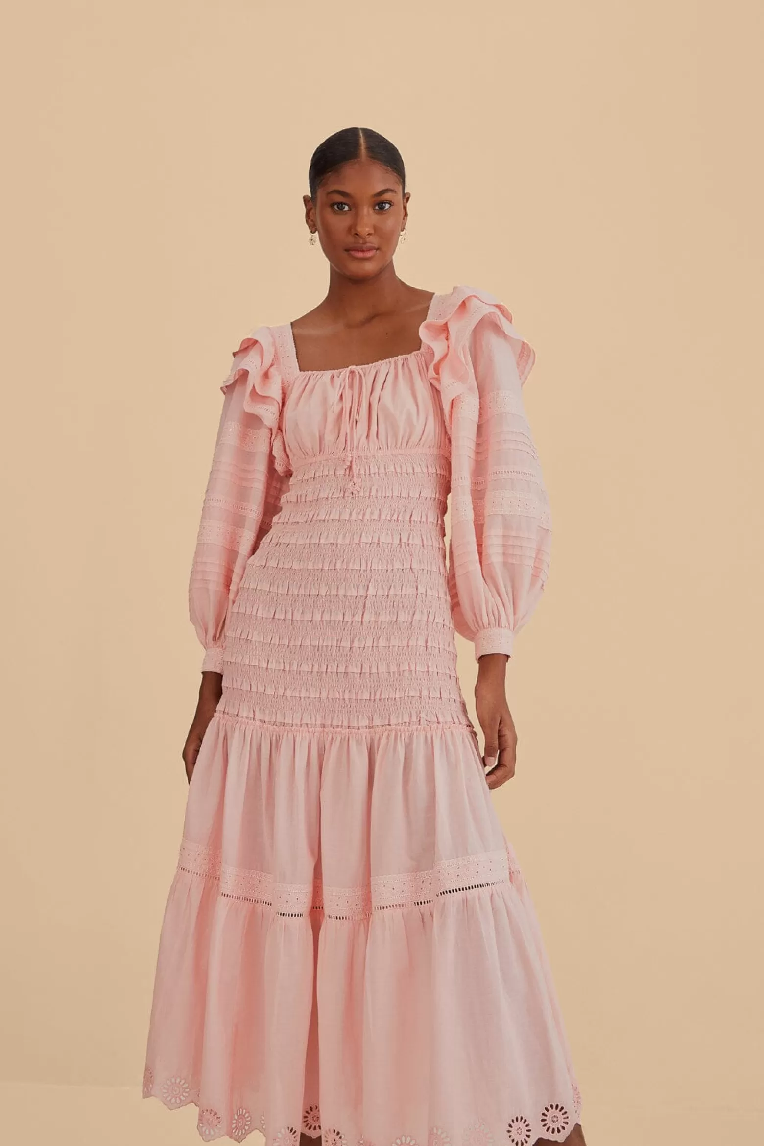 Flash Sale FARM Rio  LIGHT PINK LONG SLEEVE SMOCKED MIDI DRESS