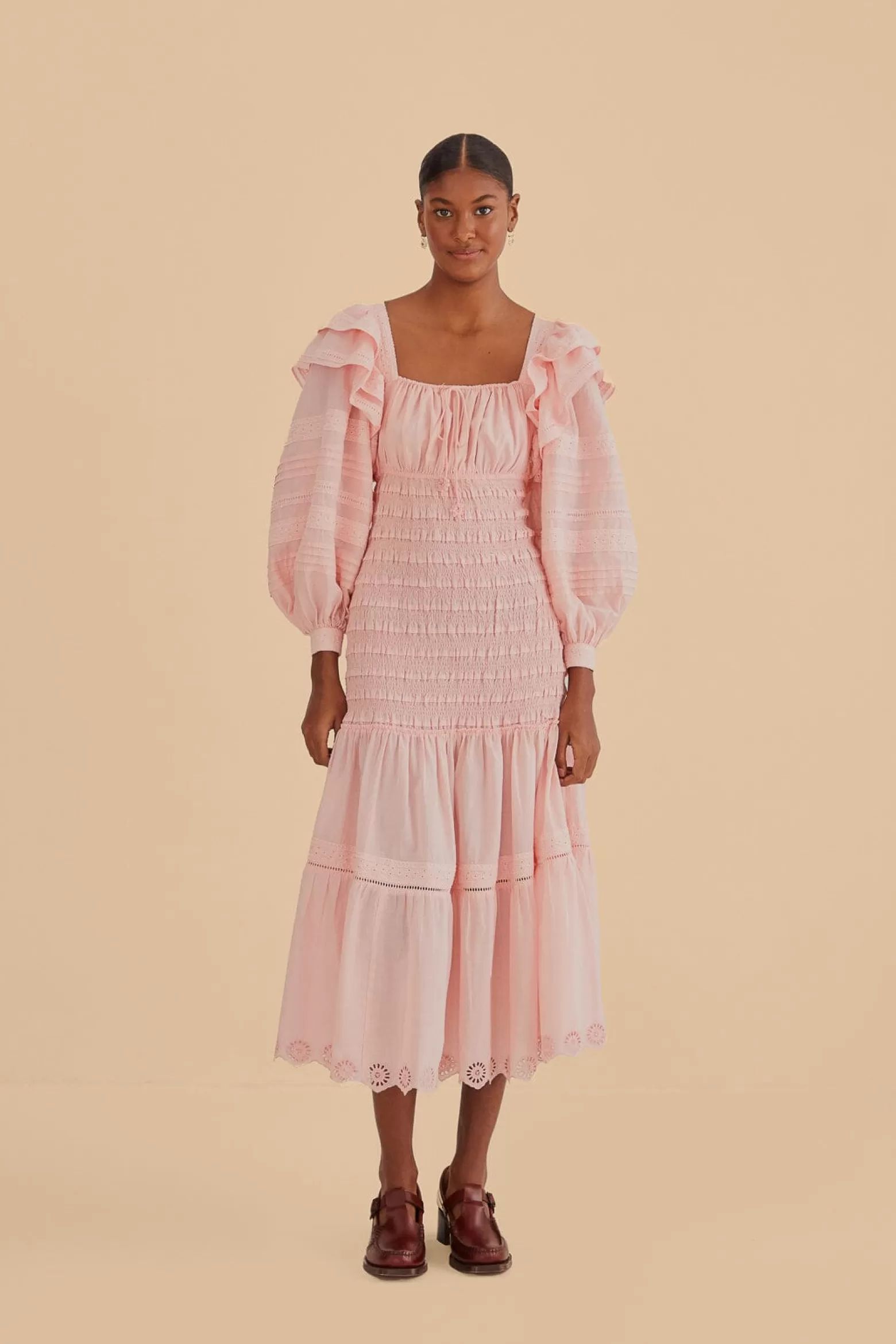 Flash Sale FARM Rio  LIGHT PINK LONG SLEEVE SMOCKED MIDI DRESS