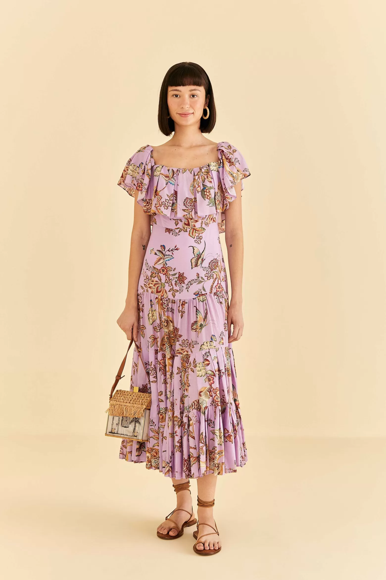 Shop FARM Rio  LILAC FLORAL MONKEY SHORT SLEEVE MAXI DRESS