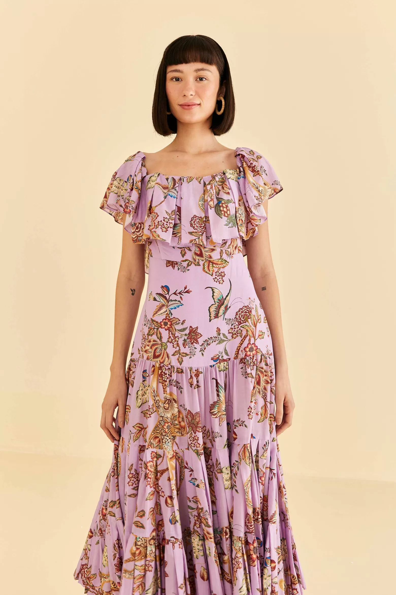 Shop FARM Rio  LILAC FLORAL MONKEY SHORT SLEEVE MAXI DRESS