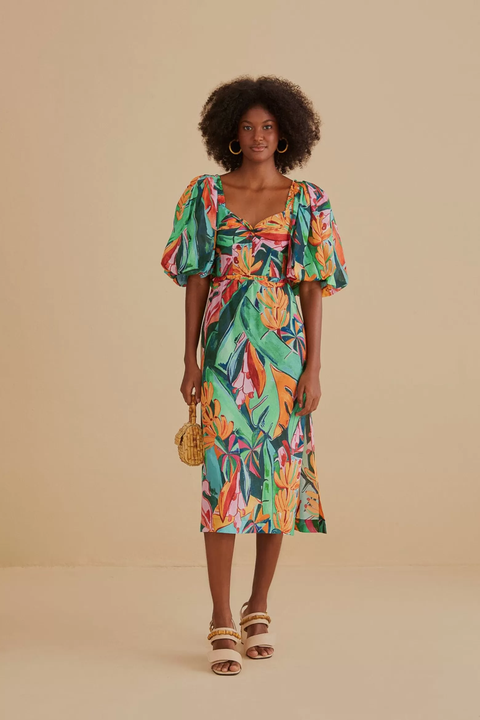 Cheap FARM Rio  MULTICOLOR BANANA FOLIAGE PUFF SLEEVE MIDI DRESS