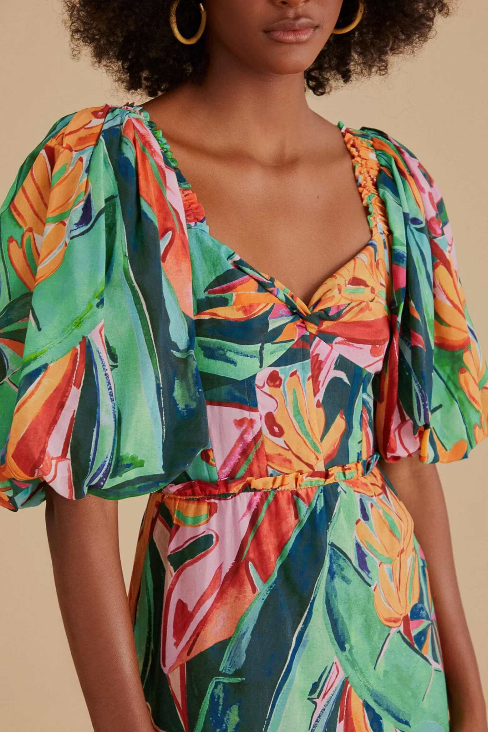 Cheap FARM Rio  MULTICOLOR BANANA FOLIAGE PUFF SLEEVE MIDI DRESS