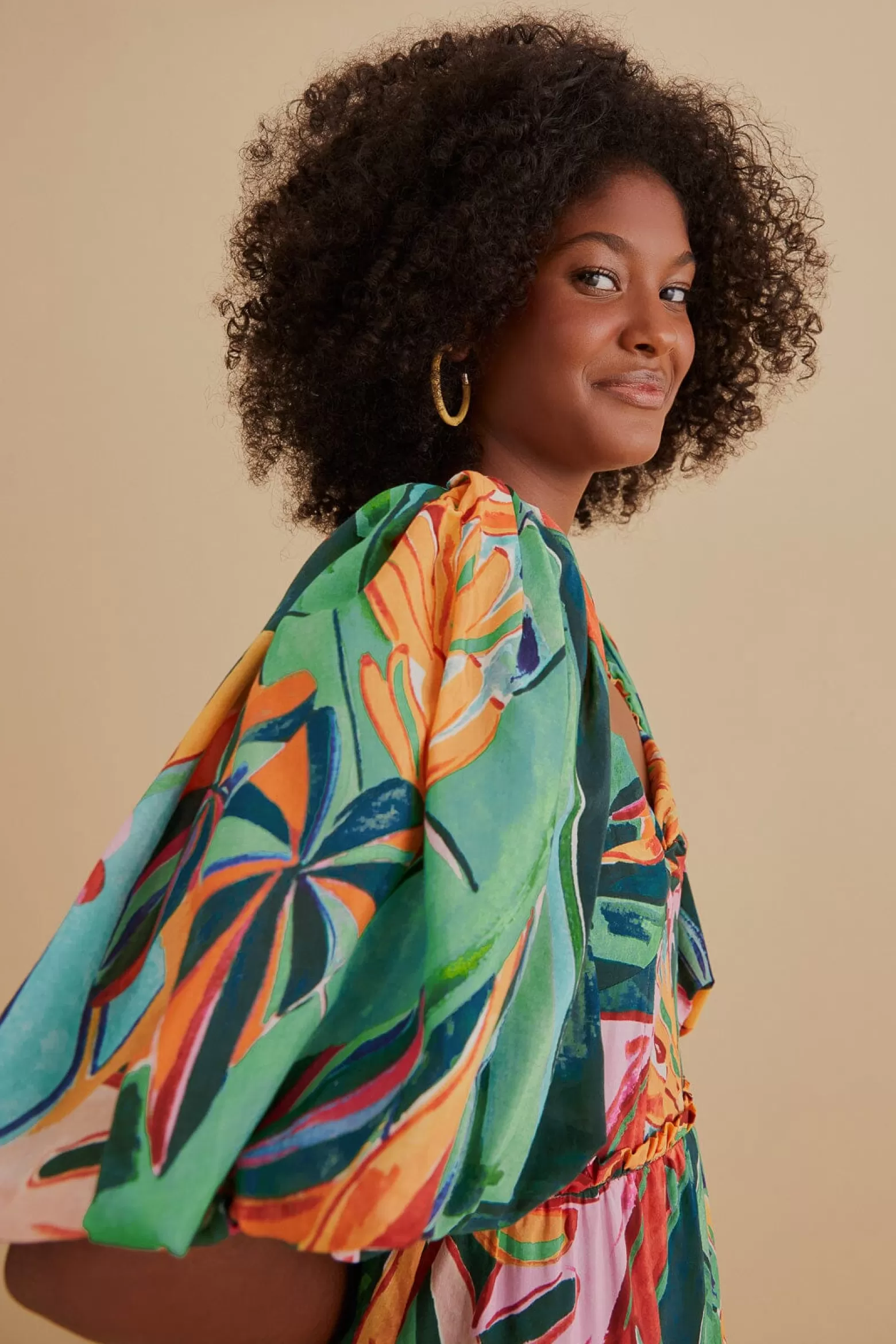 Cheap FARM Rio  MULTICOLOR BANANA FOLIAGE PUFF SLEEVE MIDI DRESS